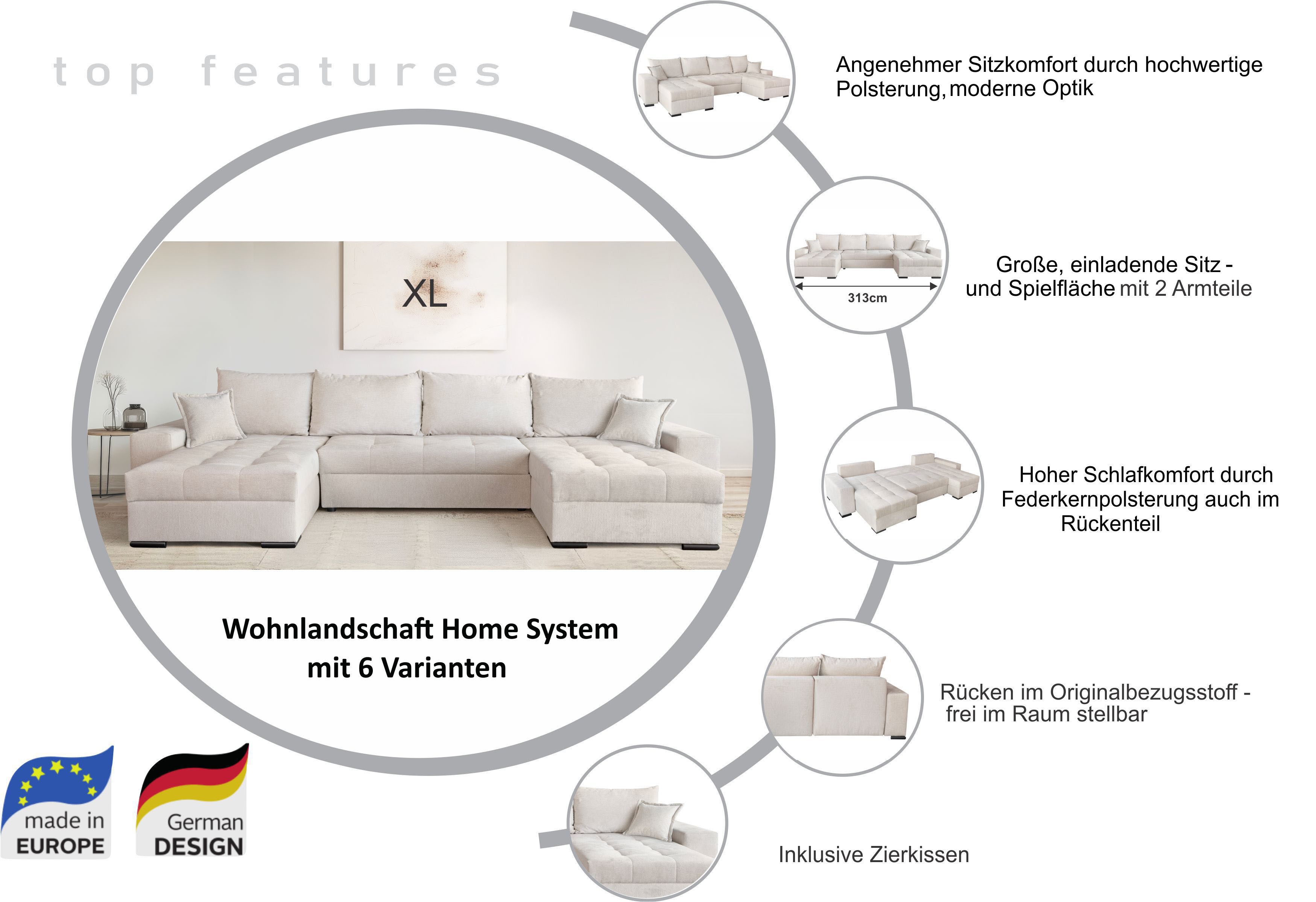 OTTO home Wohnlandschaft Home System U-Form, von B: 269-352 cm wählbar, 6 Varianten zur Auswahl, Bettfunktion, Bettkasten & Zierkissen, Federkern
