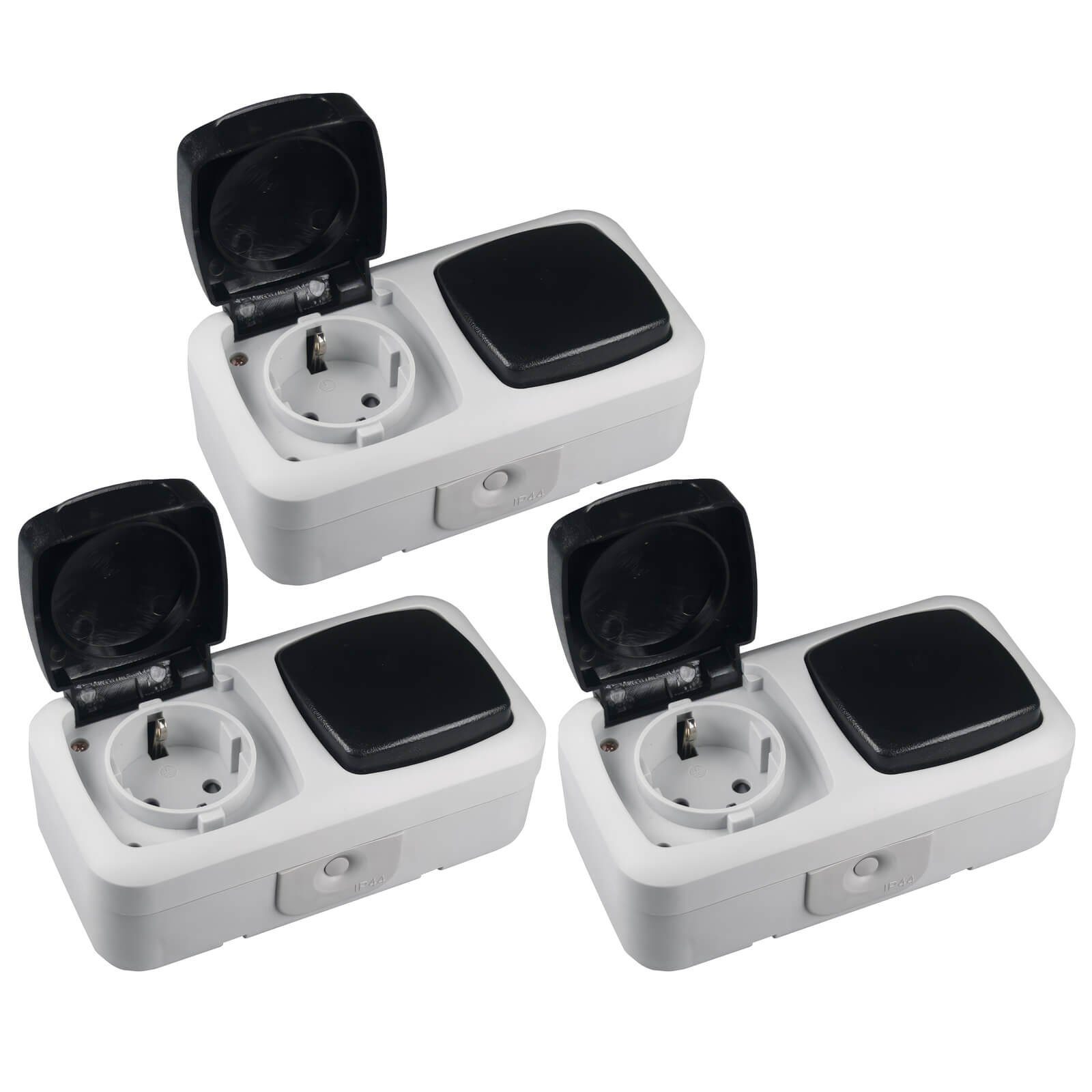 Aufputz-Steckdose 3er Set Feuchtraum Kombi Steckdose Schalter IP44 Aufputz