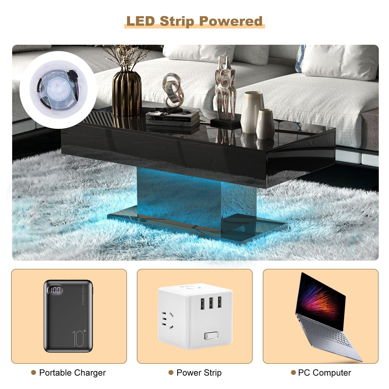 radelldar Couchtisch LED&Fernsteuerung mit Weiß Wohnzimmertisch Hochglanz 110x55x50cm,USB modern
