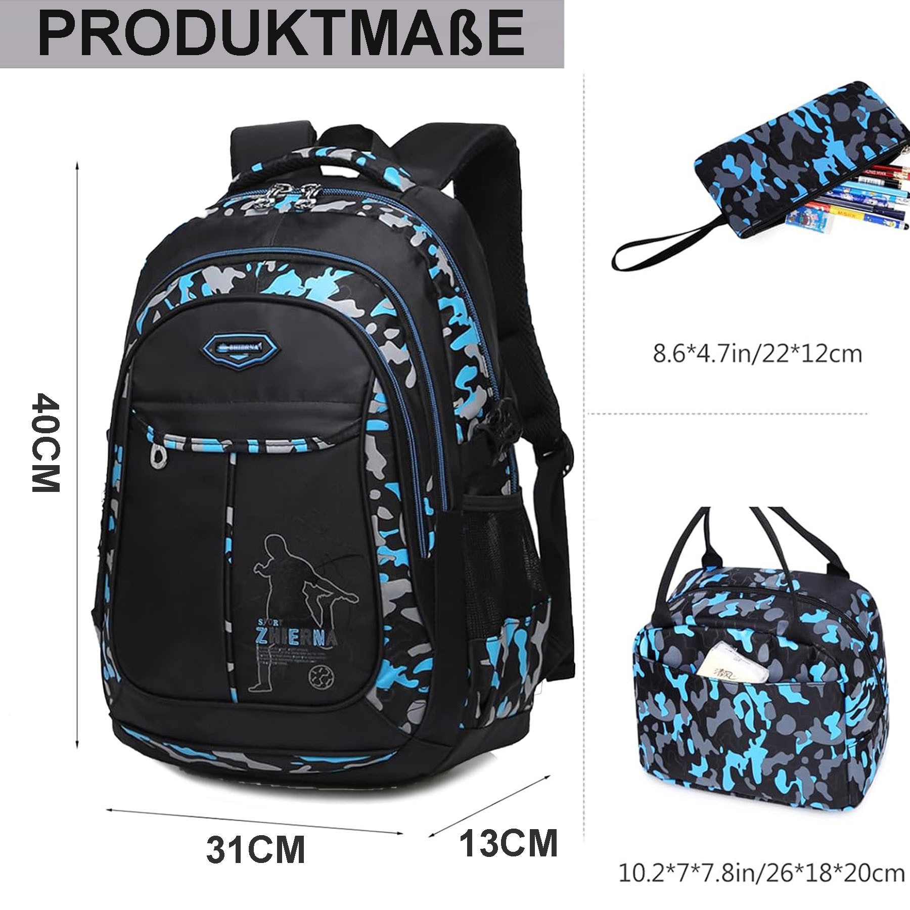 Mutig Schulrucksack Schulrucksack Teenager,Jungen Schulranzen-Set,Camouflage-Design (Mit Anhänger für jugendliche zum Schulbesuch,Einkaufen,Camping usw, Wasserdicht Schulranzen,Unisex Geeignet für Mittelstufe-Universität), Mit ergonomischem Design zur Entlastung von Schultern und Rücken