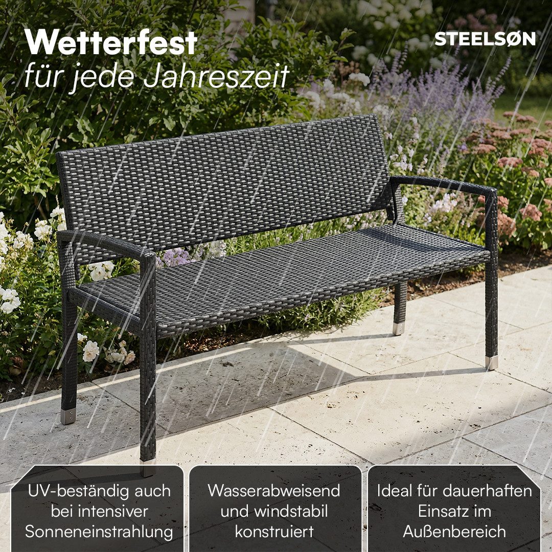 STEELSØN Gartenbank Mirador handgeflochtene Polyrattan Bank (3-Sitzer, schwarz), wetterfest & UV-beständig, ergonomische Outdoor-Bank, 150 cm Breite