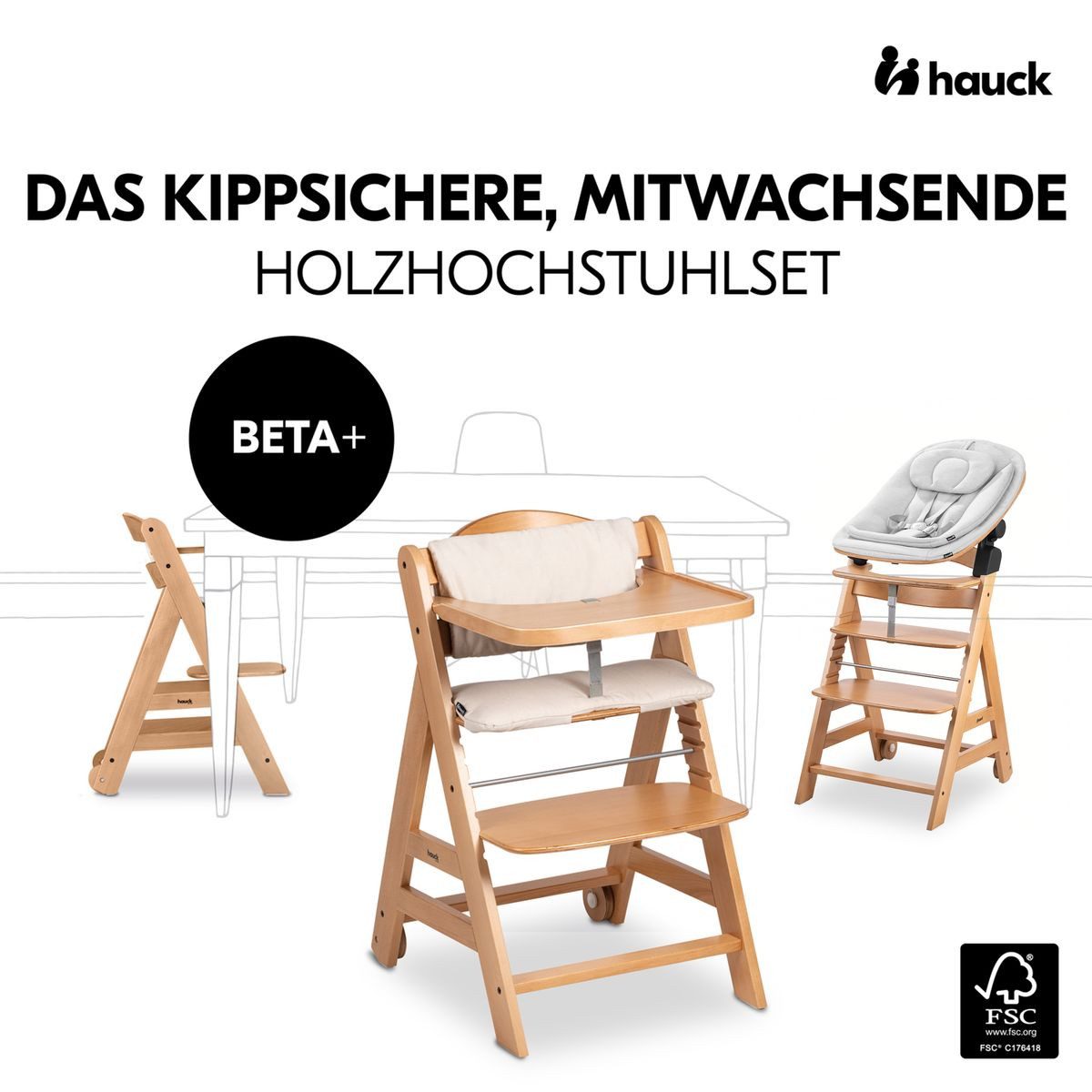 Hauck Hochstuhl Beta Plus Natural Newbornset Eco - Light Grey (Set), Holz Babystuhl ab Geburt mit Neugeborenensufsatz, Sitzkissen, Essbrett
