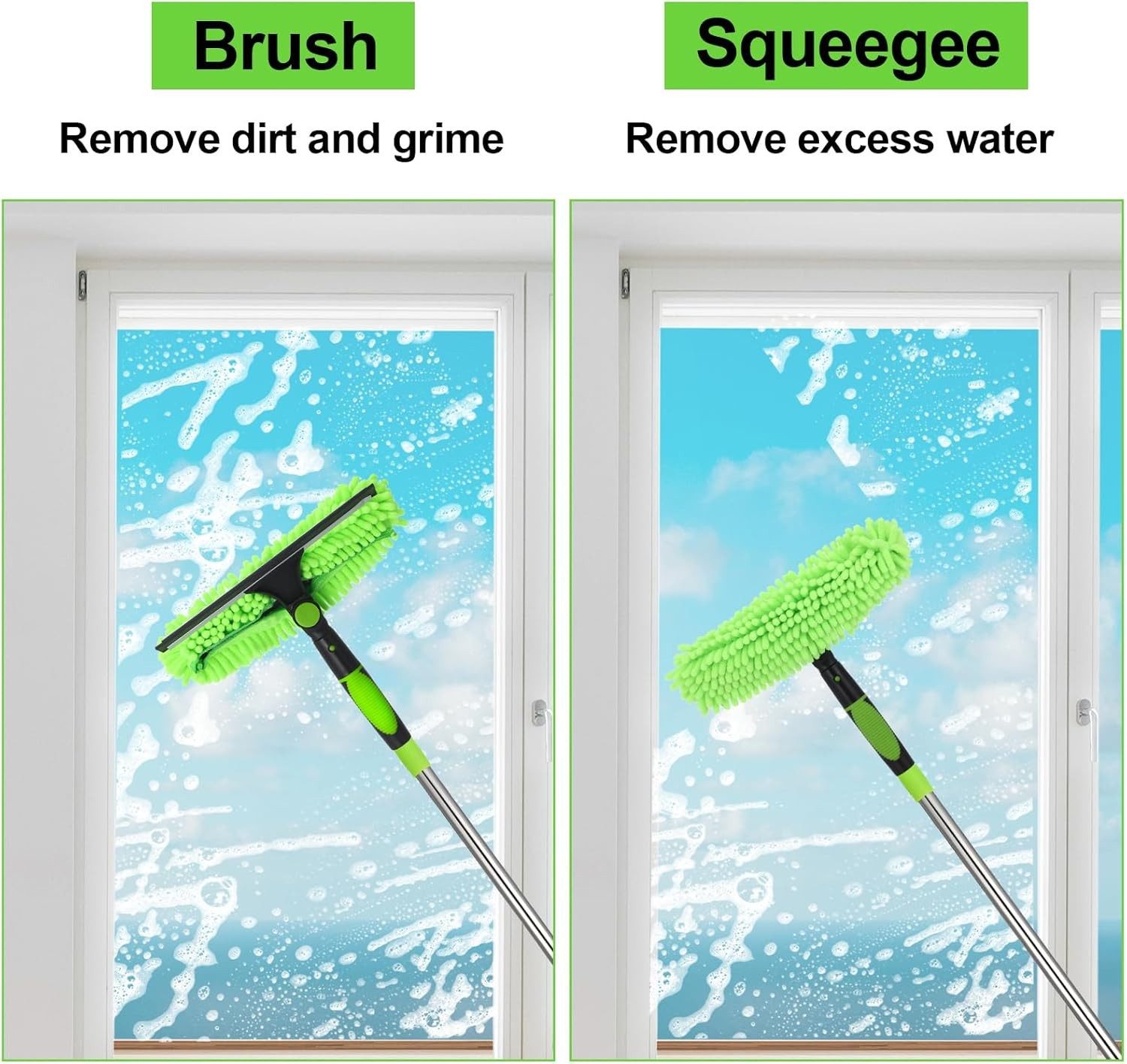 ibettertec Fensterreiniger Fensterreiniger 2in1 Fensterputzer mit Teleskopstange Fensterabzieher, Fensterreinigungsset mit 2 Wischmopps für Bad, Fenster, Glas