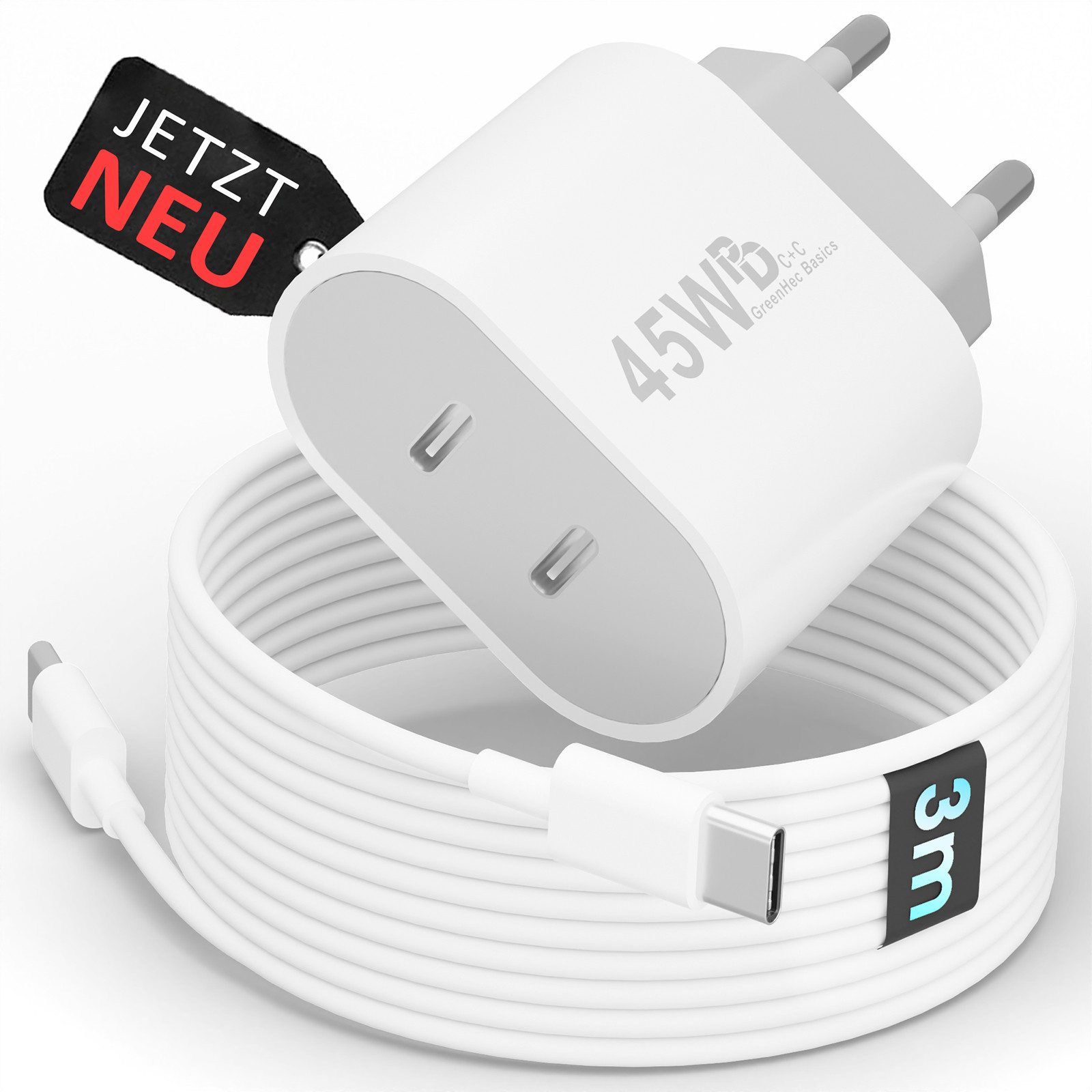 GreenHec 45w USB C Schnellladegerät für Samsung Galaxy S26 S25 S24 S23 S22 Fast Schnelllade-Gerät (50 mA, Spar-Set, 45w USB-C Dual Charger + USB-C Kabel, S26+ Ultra Schnellladekabel Ladegerät Handy Charger Netzteil Dual Port)