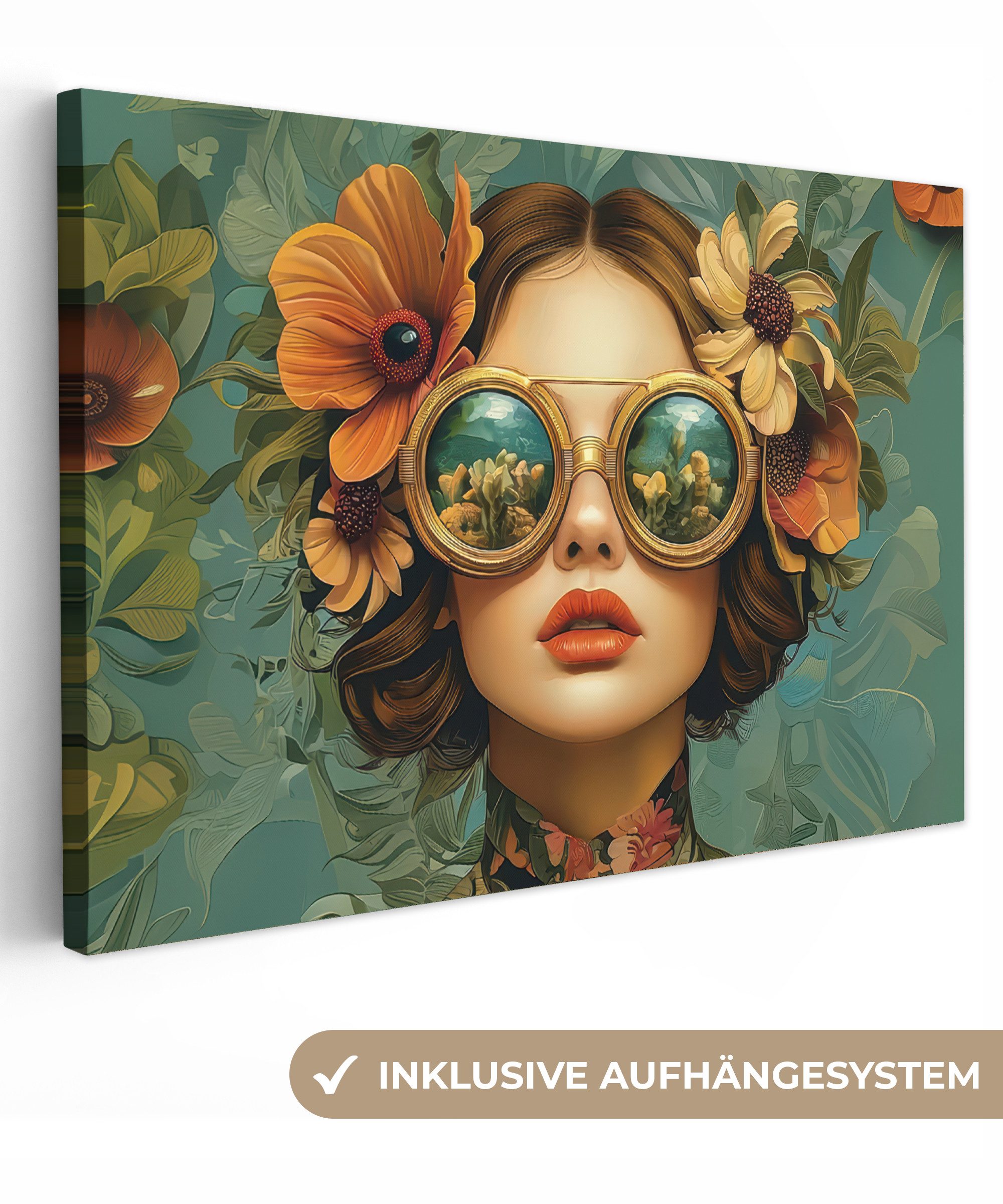 Leinwandbild Frau - Blumen - Schmetterlinge - Natur - Vintage