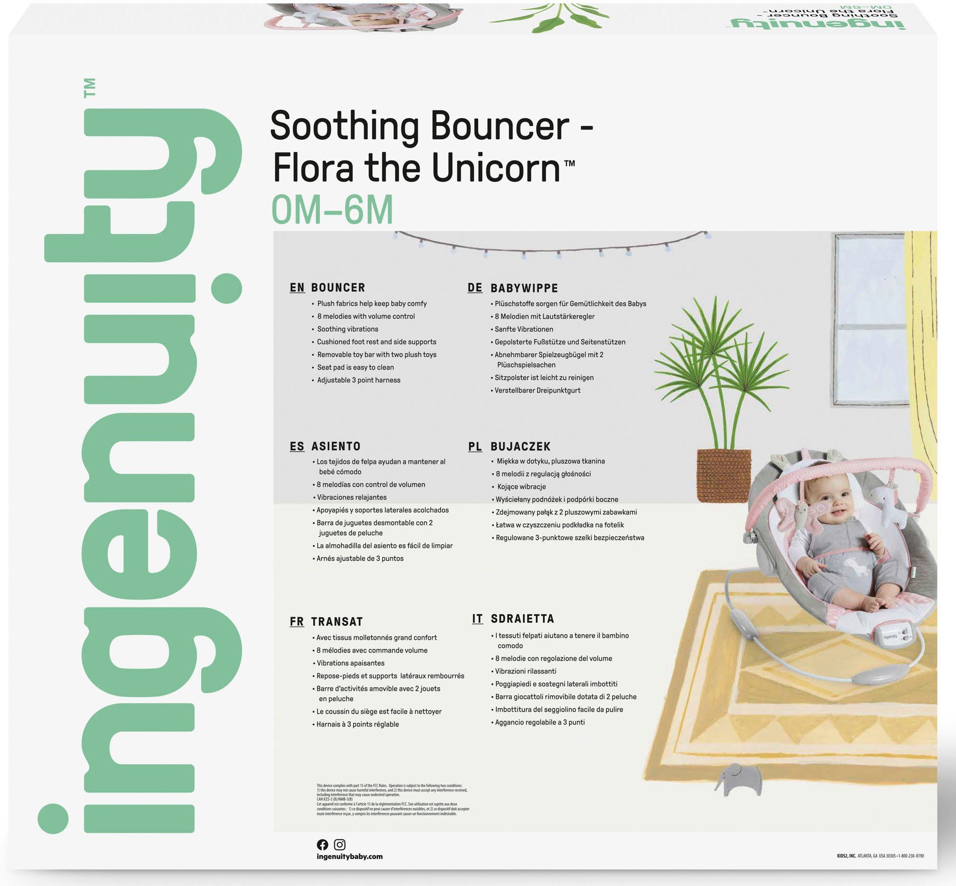 ingenuity Baby Bouncer Soothing Bouncer, Flora the Unicorn, with vibration and melodies