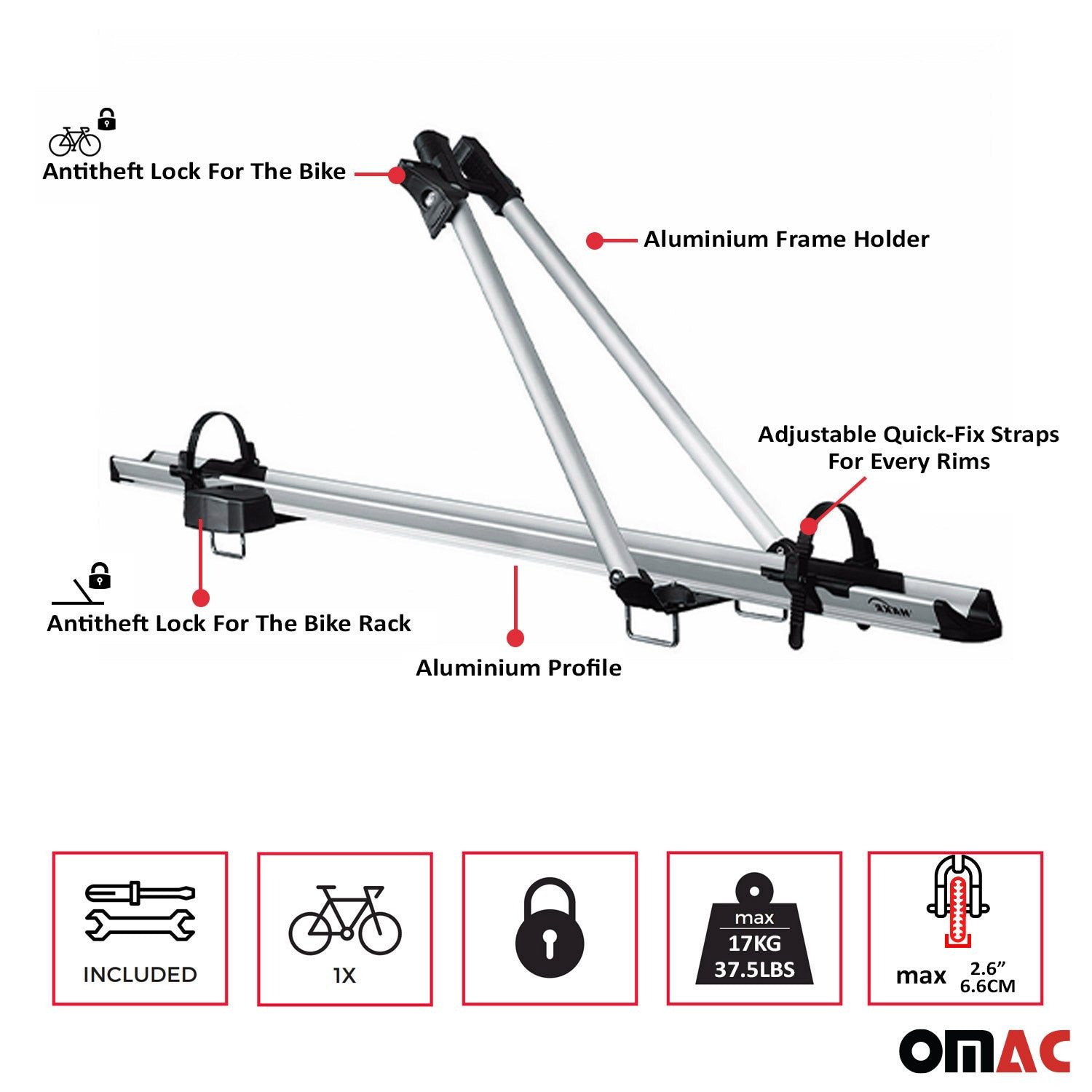 OMAC Dachfahrradträger Dachfahrradträger bis 17 kg Aluminium Silber Fahrradhalter, (1-tlg), Abnehmbar, Leichtgewichtig