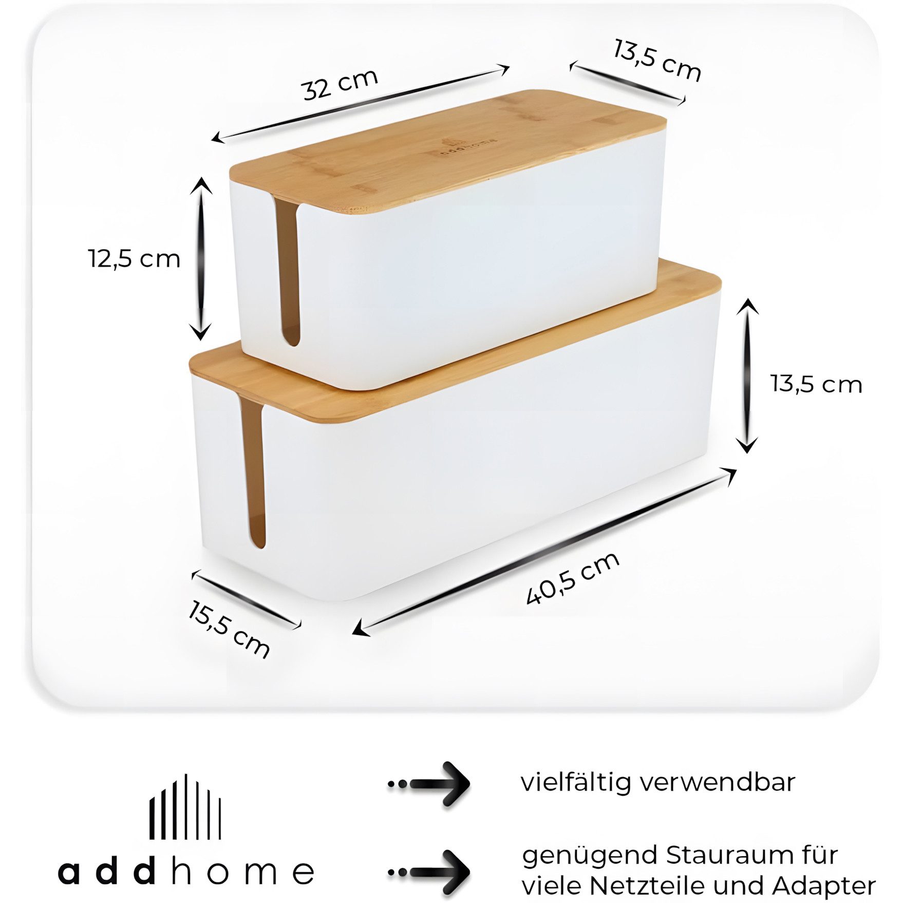 addhome Kabelbox 2er Kabelbox Set Weiß & Bambus Boxen in 40,5x15,5cm & 32x13,5cm inkl., Kabelmanagement Set inkl. Bambusdeckel, Klettbinder & Gummifüße