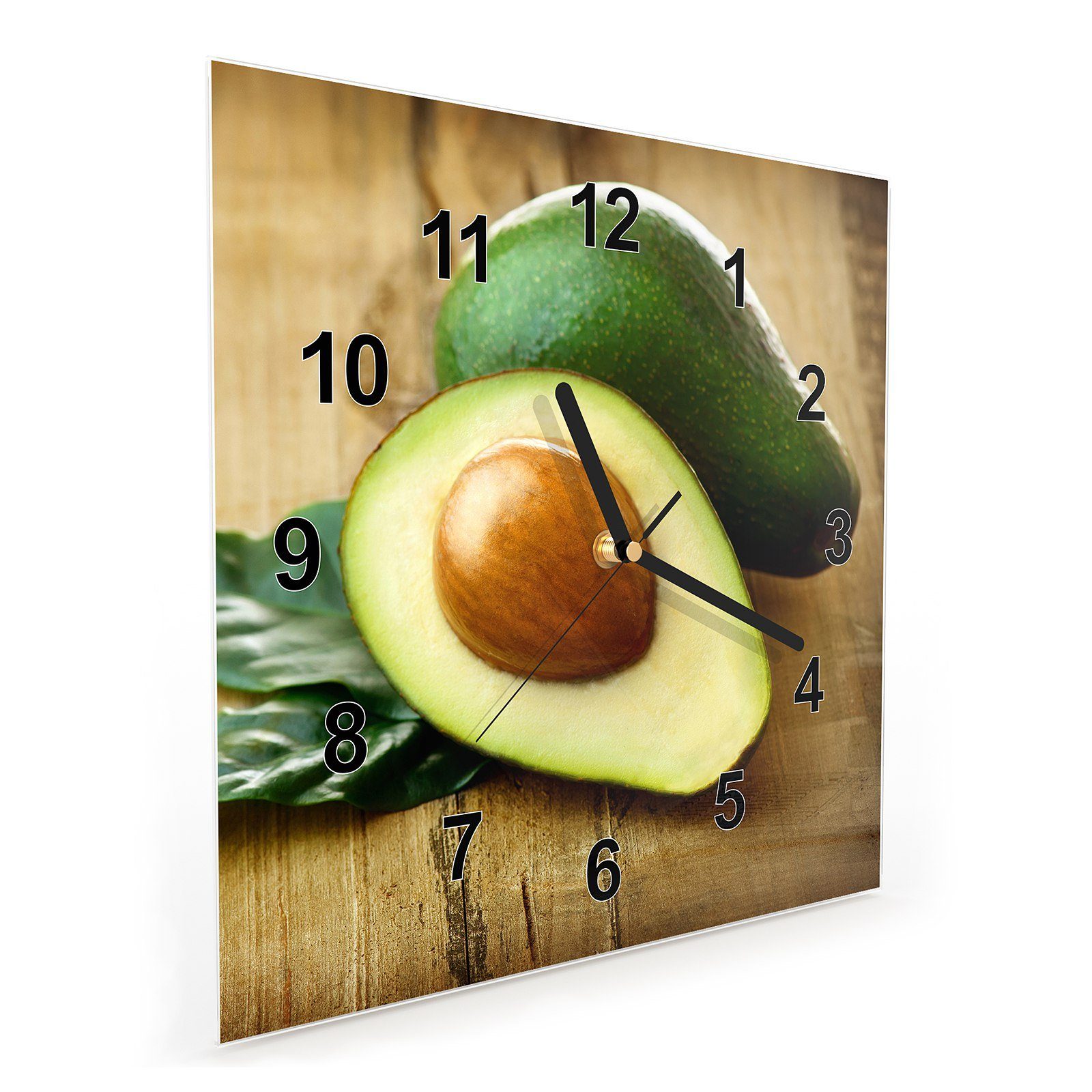 Größe Wanduhr 30 Motiv aufgeschnitten cm x Primedeco mit 30 Wandkunst Glasuhr Avocado Wanduhr