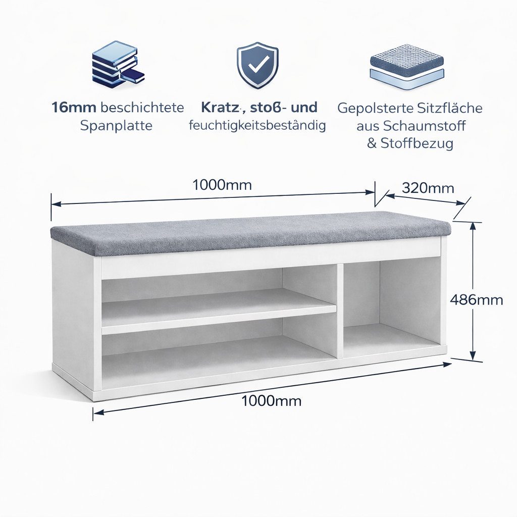 OTTO home Schuhbank Schuchschrank 100, Schuhregal, Schuhtruhe, Schuhkommode, Sitzbank, Inkl. bequemem Sitzkissen mit Stauraum darunter – Bild 3 von 5
