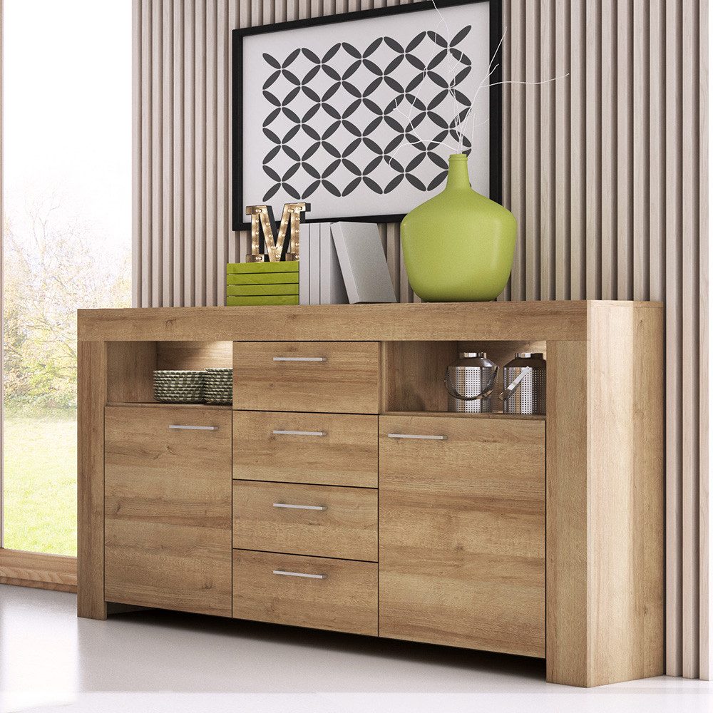Lomadox Sideboard STEGNA-160, Eiche Nb., 155 cm breit, 2 Türen, 4 Schubladen, inkl. Beleuchtung