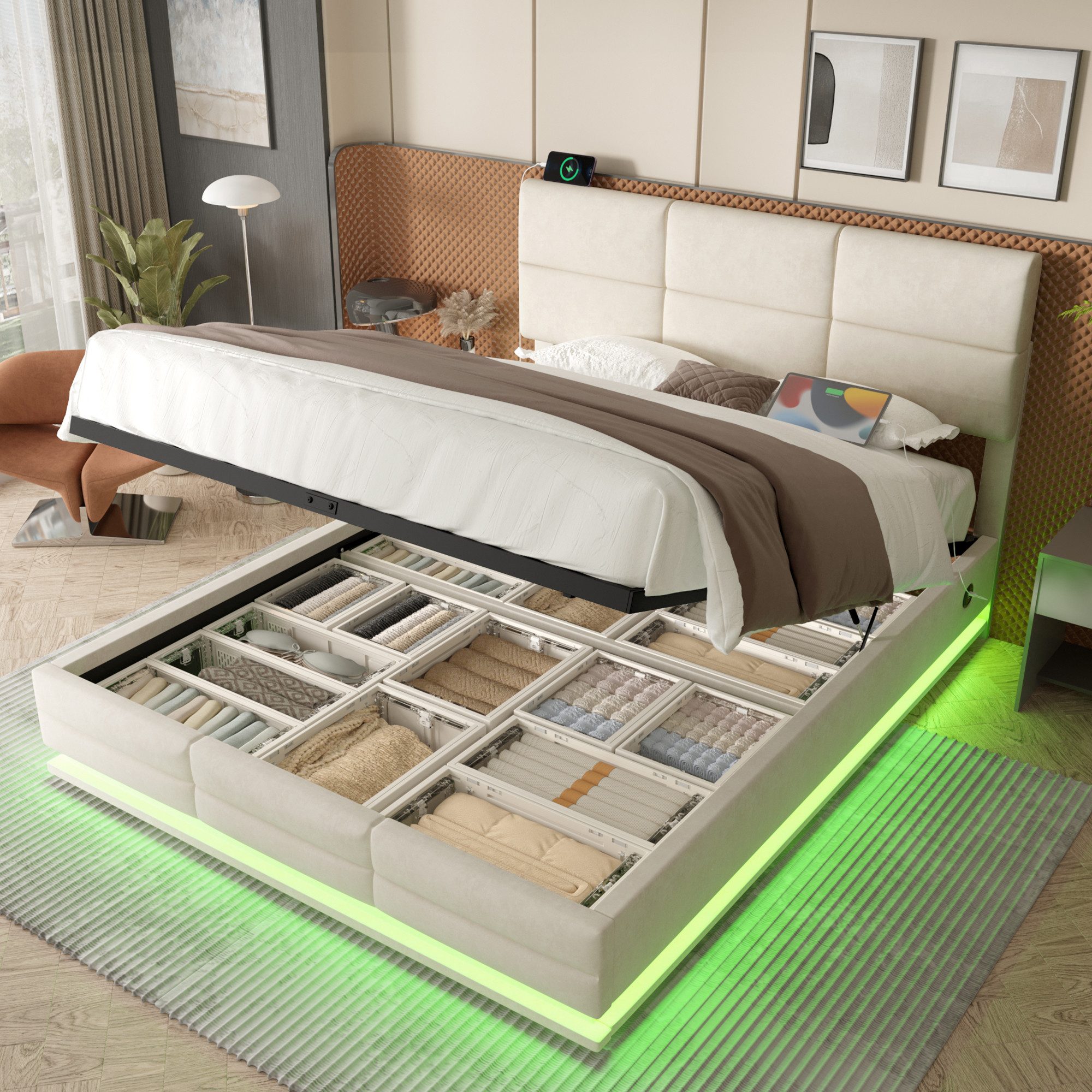 TavilaEcon Boxspringbett Modernes Polsterbett mit höhenverstellbarem Kopfteil & LED-Beleuchtung (1-St), mit USB-Anschlüsse, 90/140/160/180×200cm, beige/grau