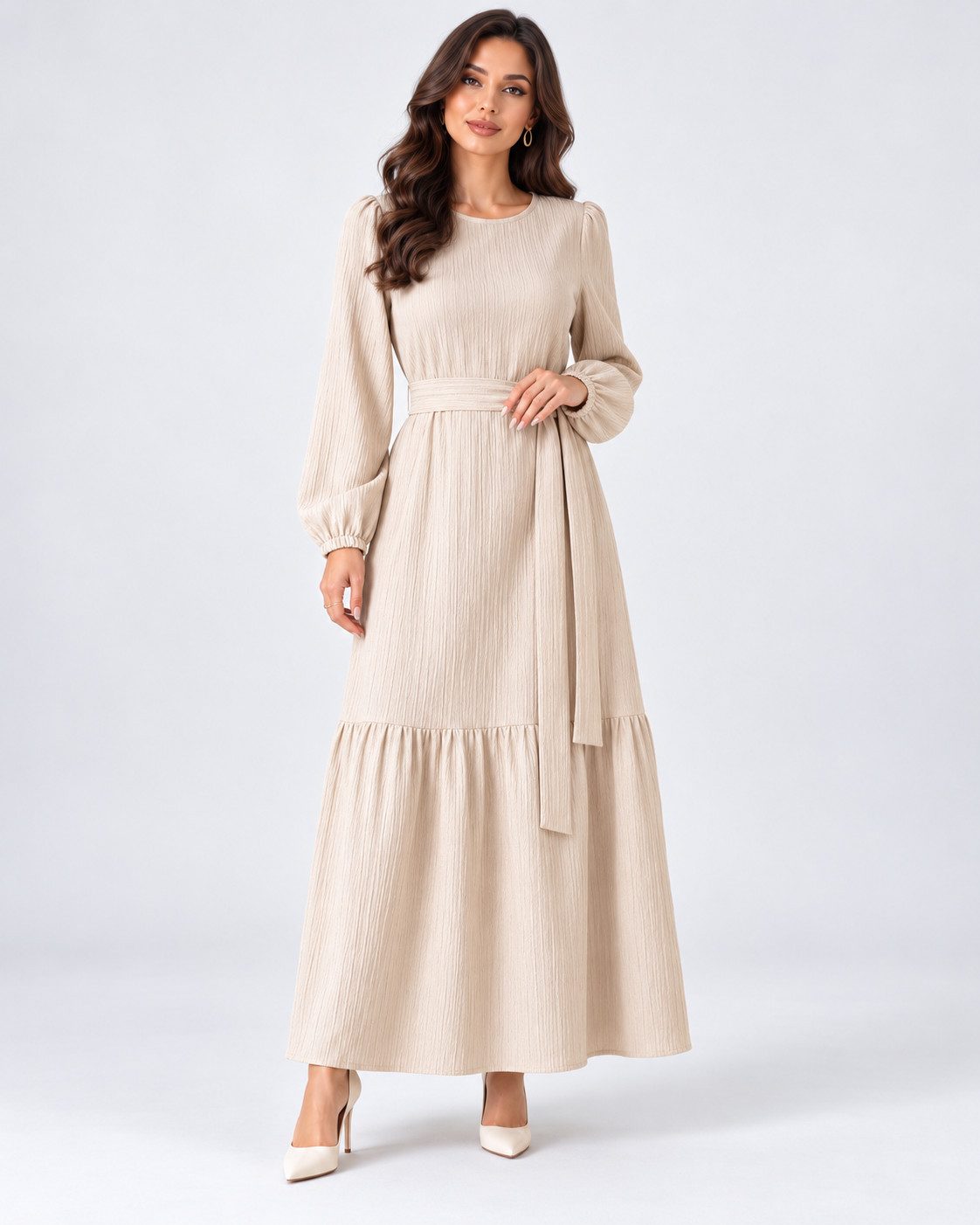 fashionshowcase Maxikleid Damen Crinkle Kleid mit Gürtel, Ballonärmel, 140 cm, Gr. 36–46 Mit Bindegürtel in Taille und dezentem Volant am Saum