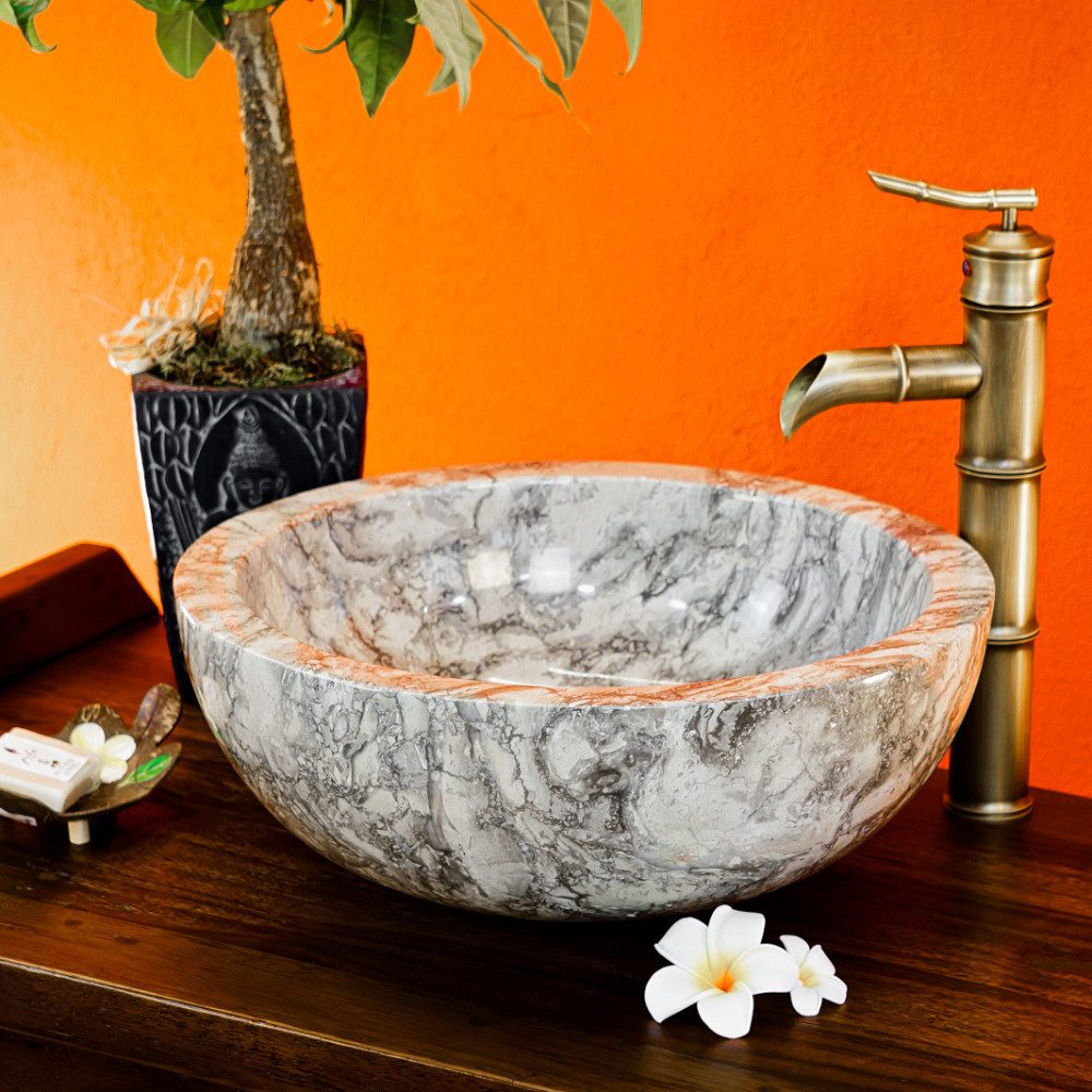 Kinaree Aufsatzwaschbecken Handwaschbecken Marmor natur grau, Naturstein, Marmor, Rund, leichte Reinigung, Naturprodukt