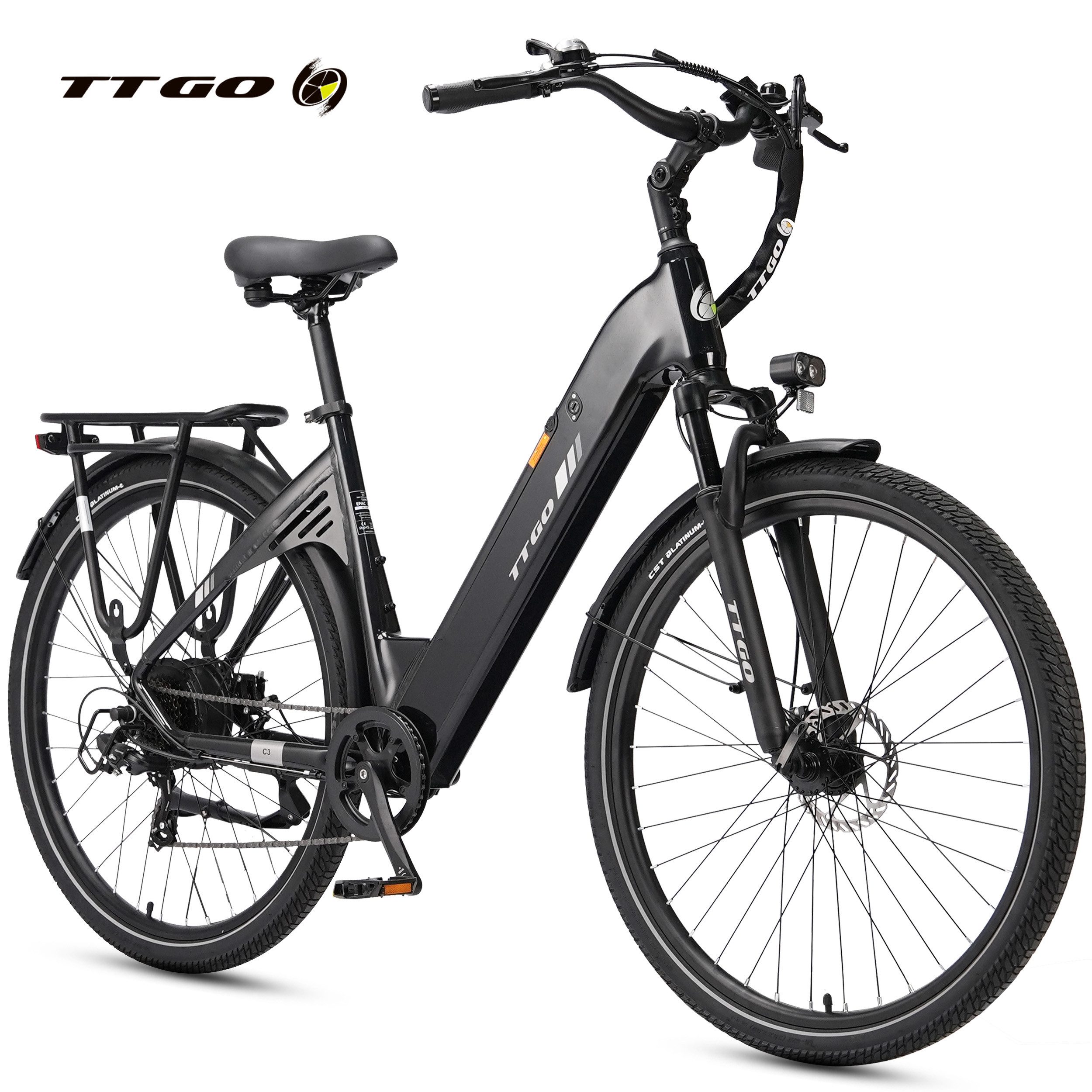 TTGO E-Bike Cityrad 28 x 2,0 Zoll, 120km, C3 SE, Elektrofahrrad mit Tiefeinsteiger-Rahmen, 7 Gang SHIMANO, Kettenschaltung, Heckmotor, 648 Wh, 5 Stufen, Leicht nur 25kg, Pedelec bis zu 120kg, Aluminiumrahmen