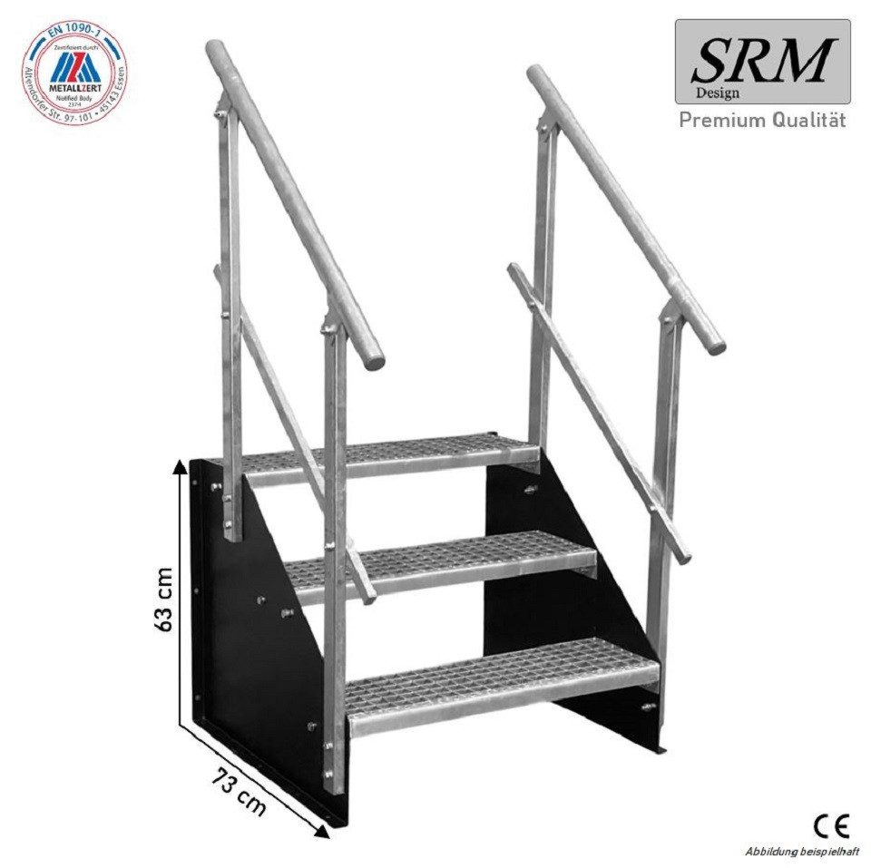 SRM Design Außentreppe 3 Stufen Standtreppe Schwarz, Breite 100cm, Höhe 63cm 2x Geländer