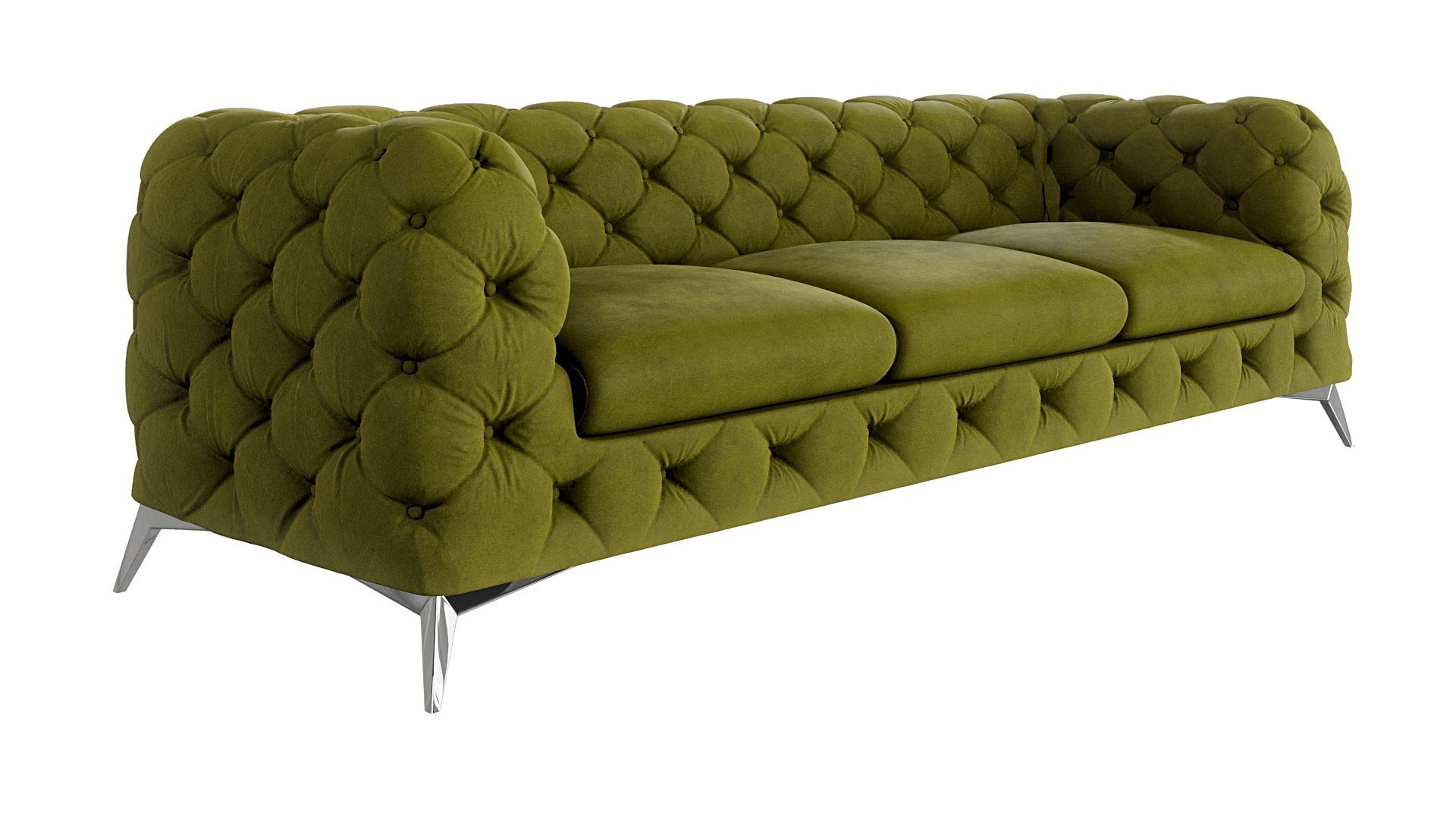 S-Style Möbel 3-Sitzer Chesterfield Sofa Kalina mit Silber Metall Füßen, mit Wellenfederung Olive