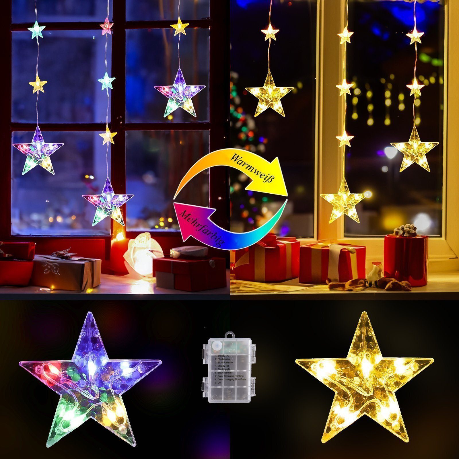 Quntis LED-Lichterkette Weihnachtsdeko Fenster Stern, beleuchtete Weihnachtsbeleuchtung, Lichterkette Sterne mit Timer Innen/Außen, Weihnachtsstern Fensterdeko – Bild 2 von 5