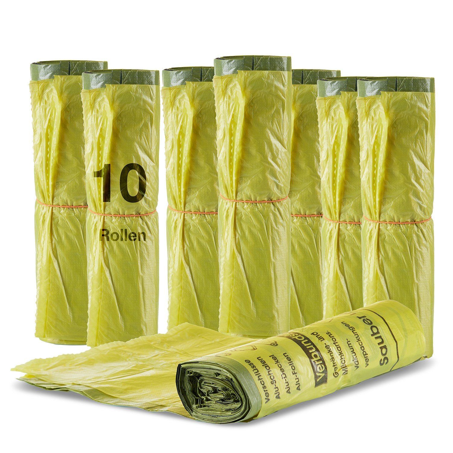 BigDean Müllbeutel 10 Rollen (130 Säcke) 90 L HDPE Gelb ca. 60x87 cm plus 5cm Umschlag, Zubehör für Recycling, Reißfest, Mit Zugband, 90L
