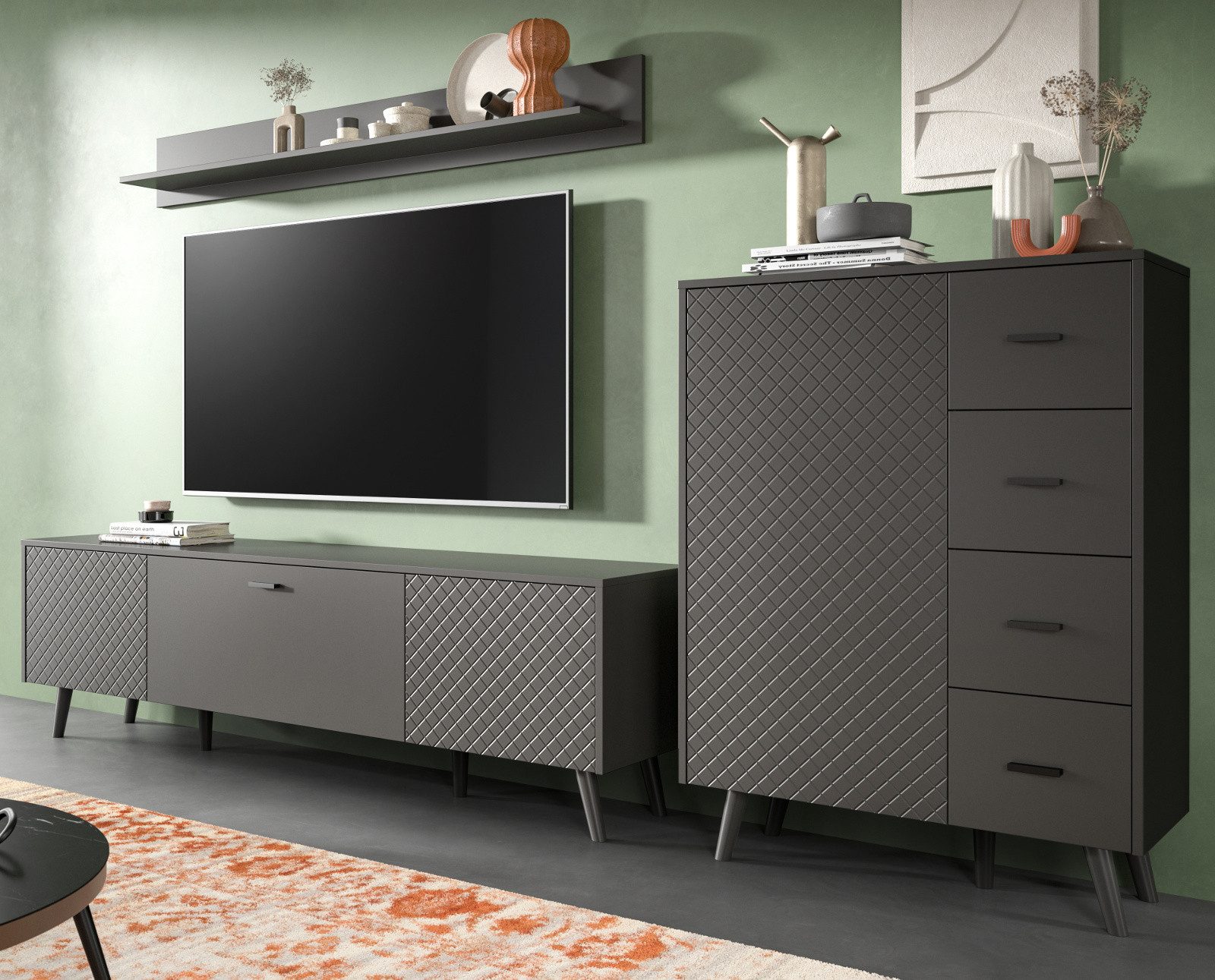 Inn.Furn Wohnwand Madea, (Schrankwand in matt Grau, 3-teilig, 270 x 195 cm), Push-To-Open, mit Rautenfräsung
