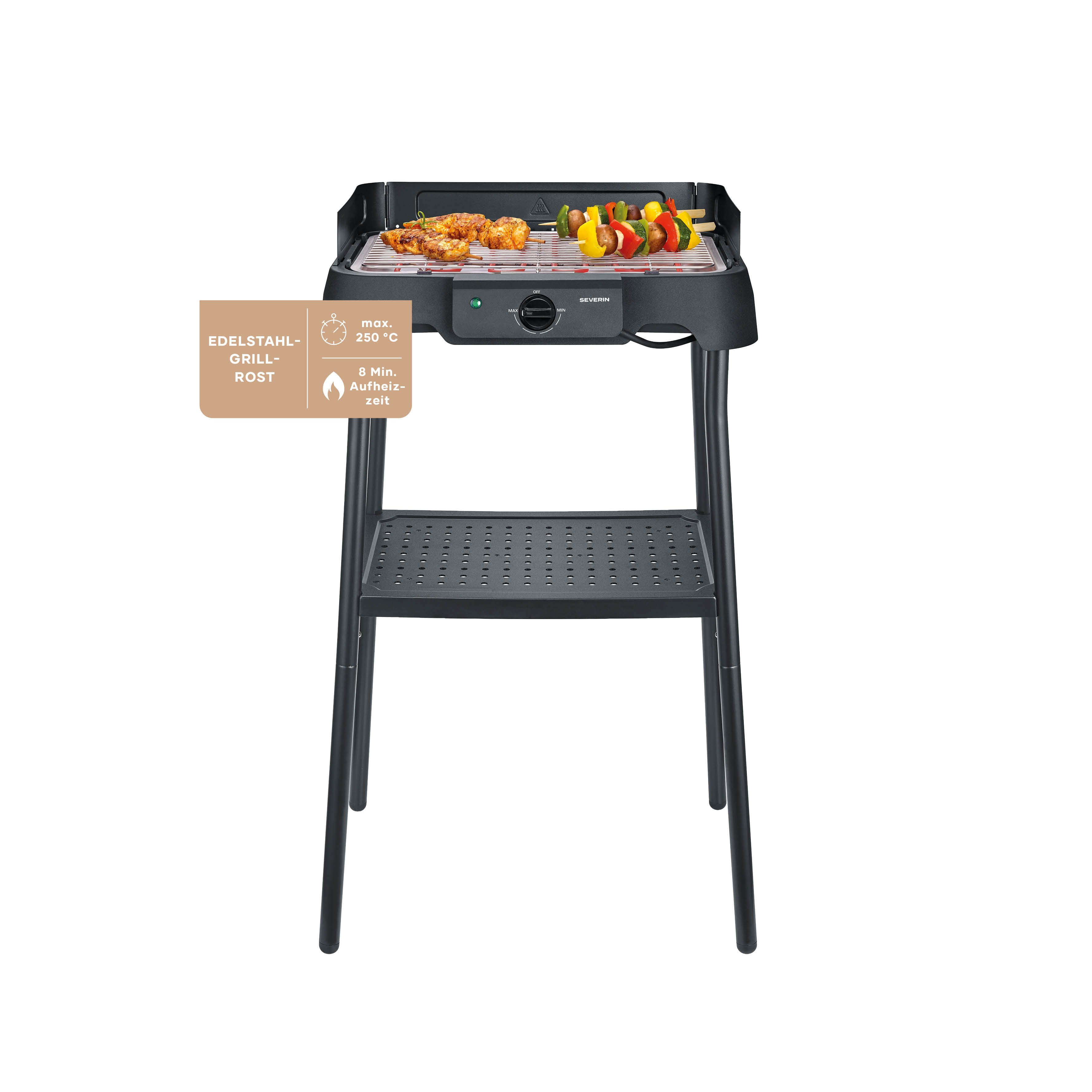 Severin Elektrogrill PG 8594, 2000 W, 35-200°C, 38x22cm, Auffangschale, Edelstahl-Grillrost, Balkongrill