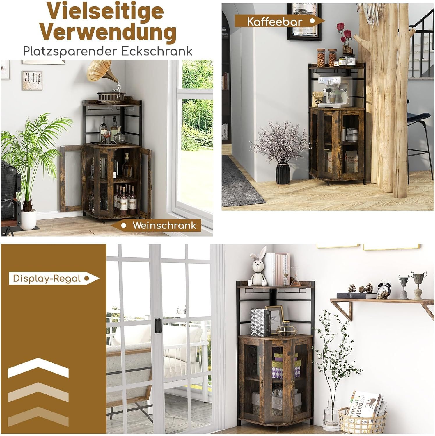 KOMFOTTEU Weinschrank Eck-Barschrank Weinbarschrank mit Glashalter, verstellbarem Regal, Metallgittertüren – Bild 5 von 5
