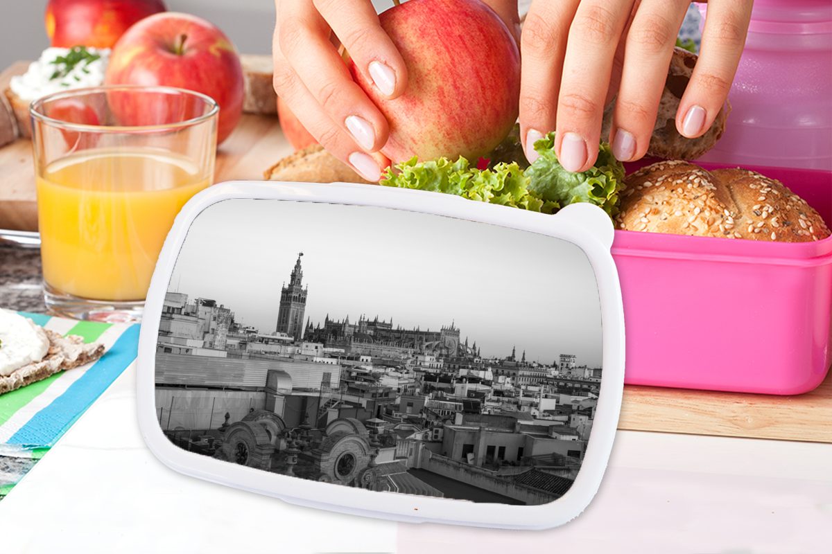 Kinder, Sonnenuntergang Sevilla Brotdose Lunchbox Kunststoff für - schwarz Skyline und Mädchen, bei (2-tlg), weiß, rosa Kunststoff, MuchoWow Snackbox, Brotbox von Erwachsene,