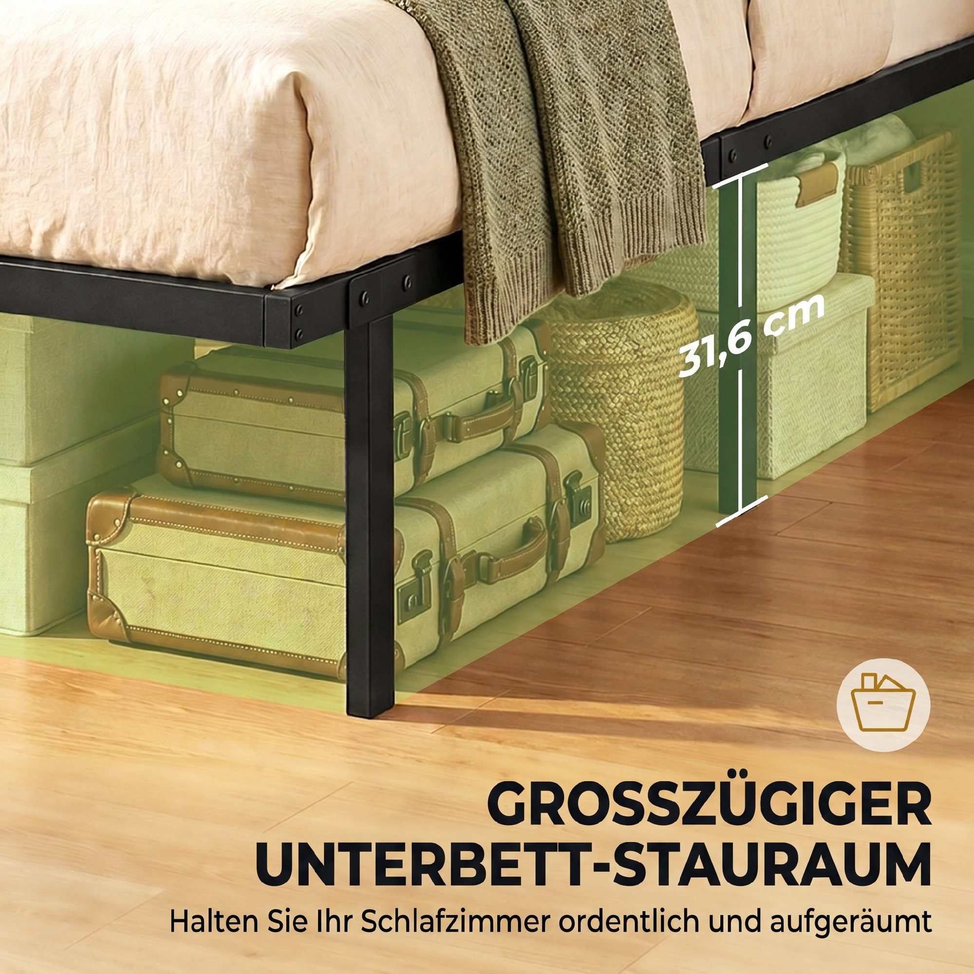 HOMCOM Bettgestell Metallbett mit Lattenrost (Set, 1-tlg., Bettgestell mit Lattenrost), Geräuscharmes, kopfteilloses Metallbett mit Stauraum – Bild 5 von 5