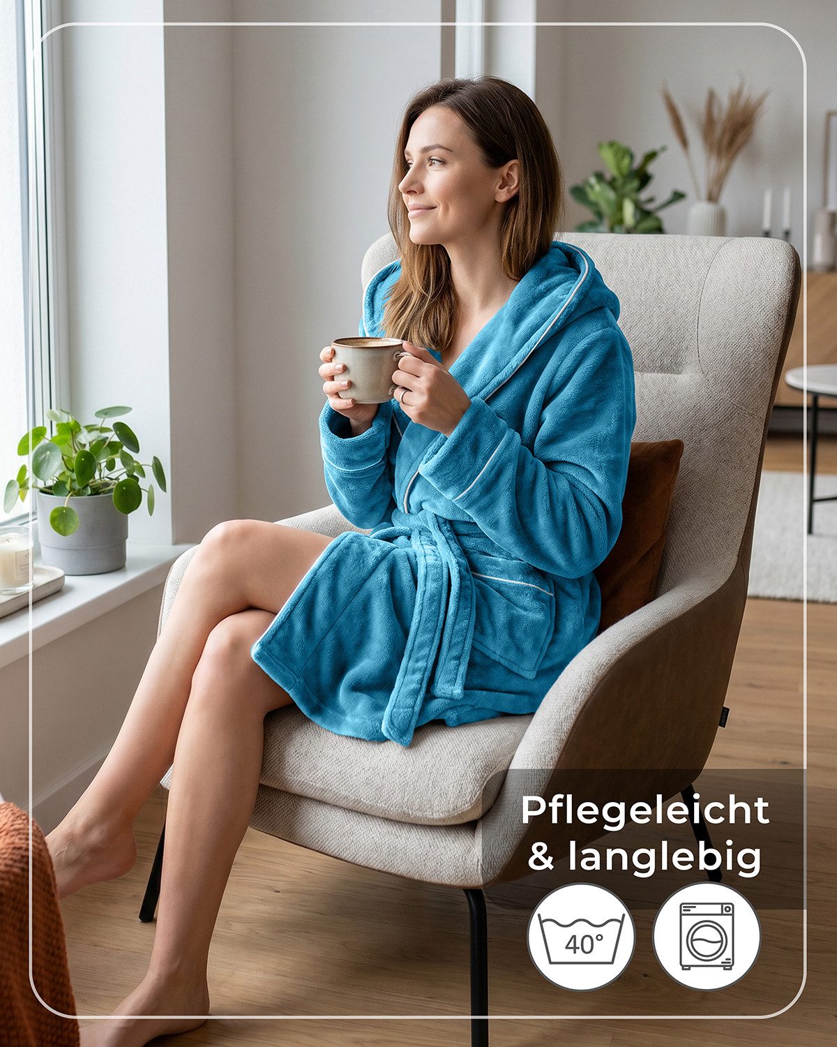 Gräfenstayn Damenbademantel Bademantel Damen flauschig Kapuze Kuschelfleece leicht kurz, warm & kuschelig, Knielang, Fronttaschen, Gürtel, S-XXL – Bild 5 von 5