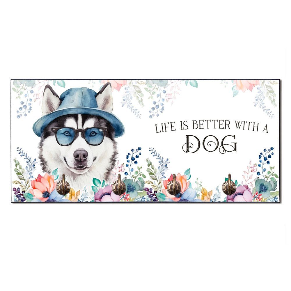 Cadouri Wandgarderobe HUSKY Hundegarderobe - Wandboard für Hundezubehör (Garderobe mit 4 Haken), MDF, mit abgeschrägten Ecken, handgefertigt, für Hundebesitzer