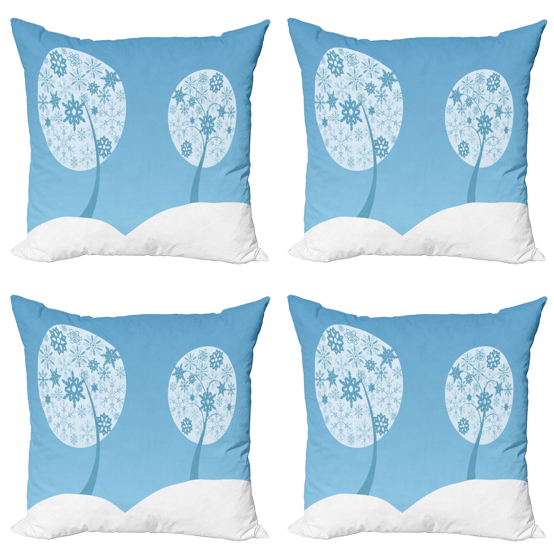 Snowy-Bäume (4 Accent Schneeflocke Kissenbezüge Stück), Doppelseitiger Modern Runde Digitaldruck, Bäume Abakuhaus