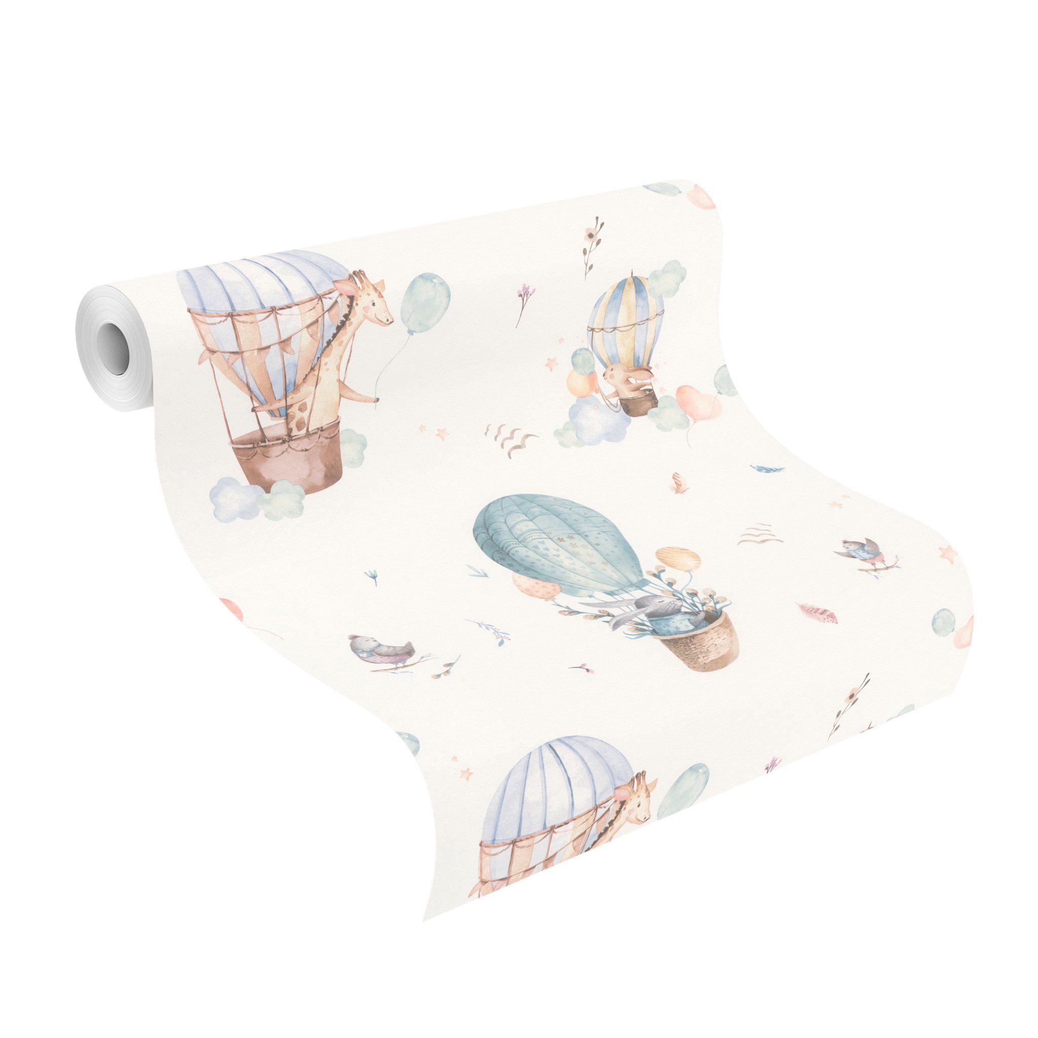 Rasch Vliestapete Heißluftballons Beige Braun Türkis, Naturoptik, (1 Rolle, 1 St., Kollektion 'Kids World II' - 10,05 m x 0,53 m), gute Lichtbeständigkeit, feucht abwischbar, restlos abziehbar