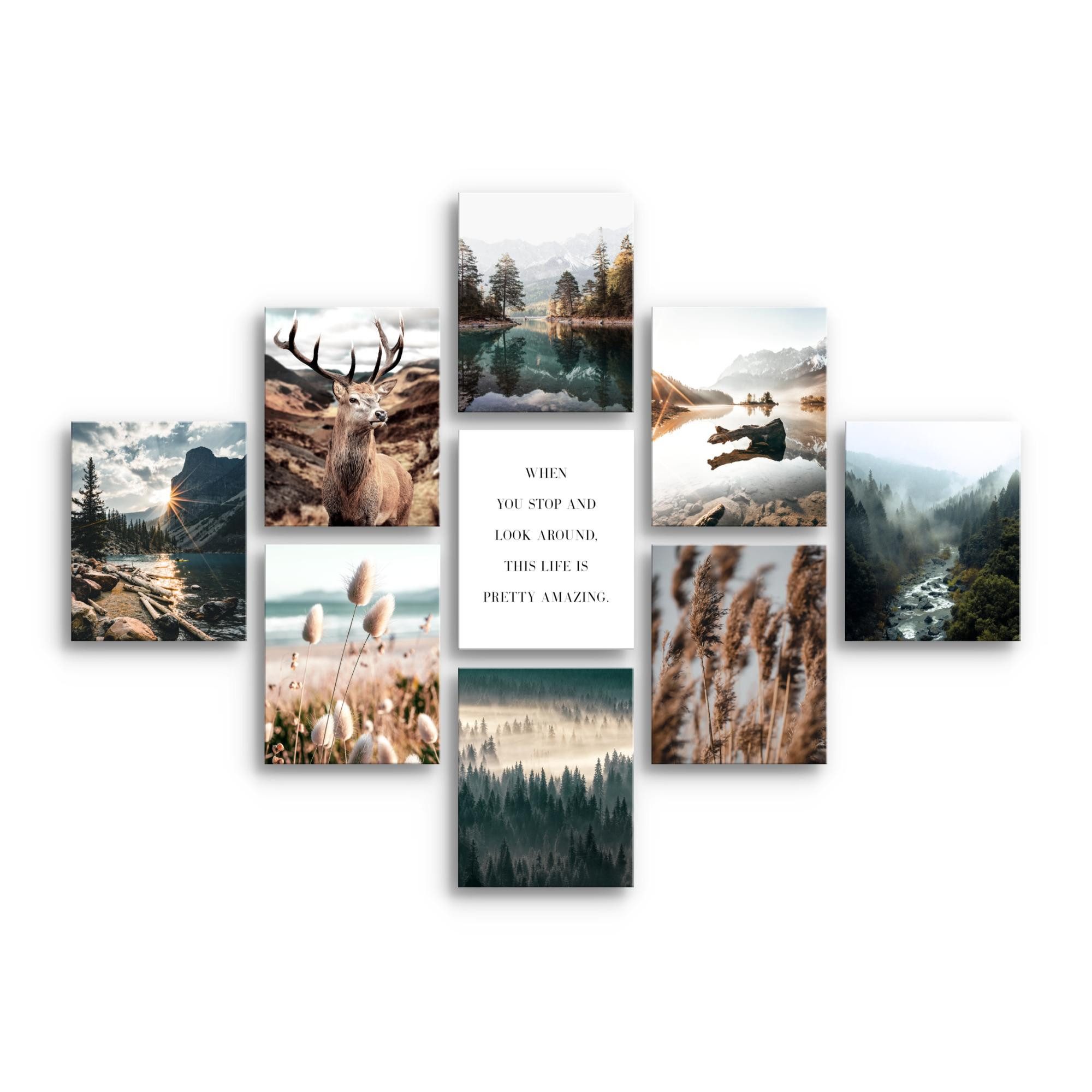 Novart Wandbild Wandbilder Set Wohnzimmer Wald Hirsch Natur Berge günstig online kaufen