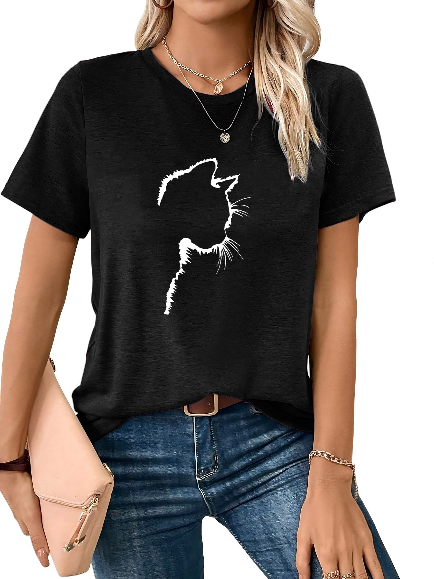 PYLIKE Rundhalsshirt Shirts Damen Casual Katze Ausgefallene bequemes t shir günstig online kaufen