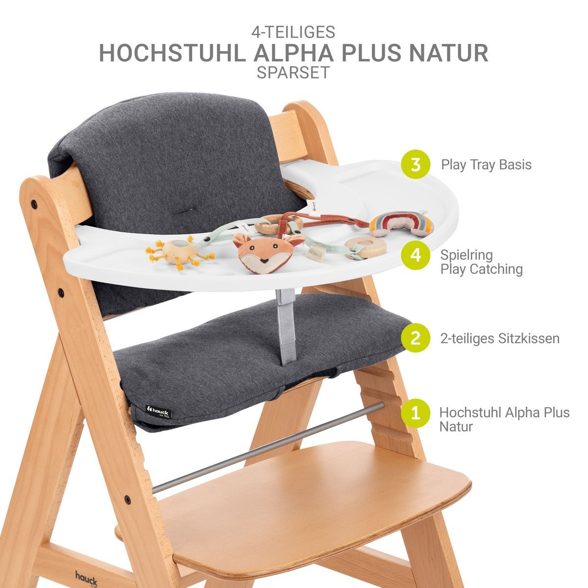 Hauck Hochstuhl Alpha Plus Natur, Holz Baby Kinderhochstuhl, Sitzauflage & Play Tray Basis - verstellbar