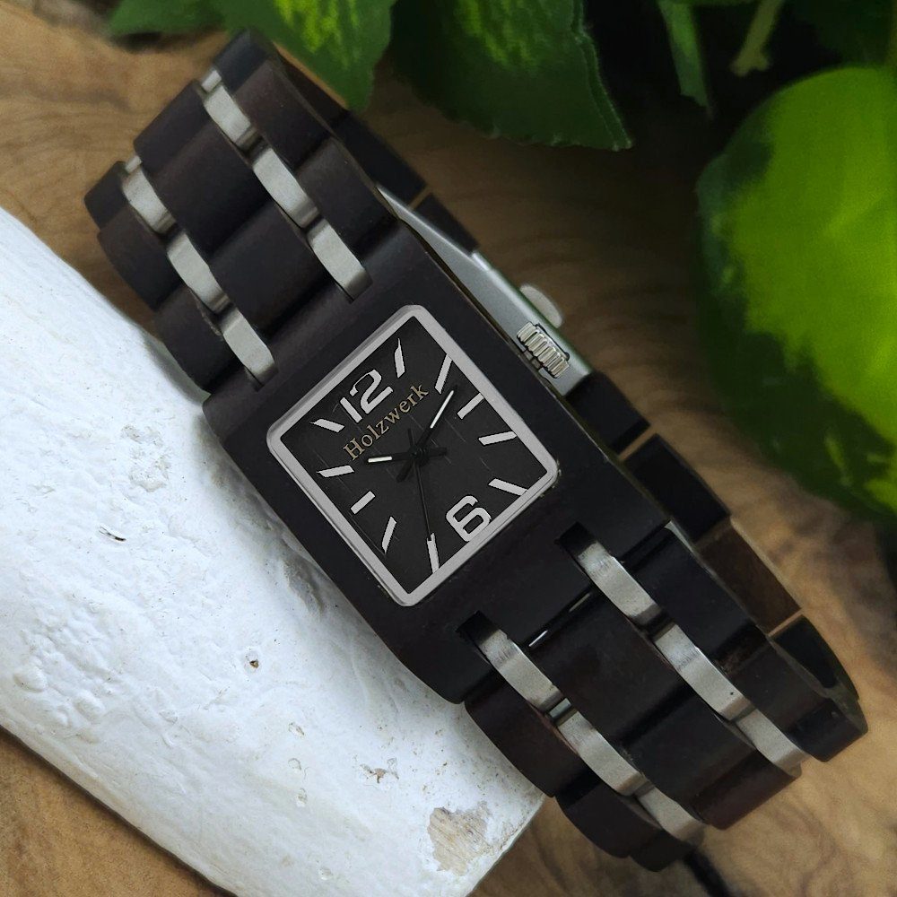 Armband Eckig, Holz Quarzuhr kleine schwarz Holzwerk HOYA Damen & silber Uhr,