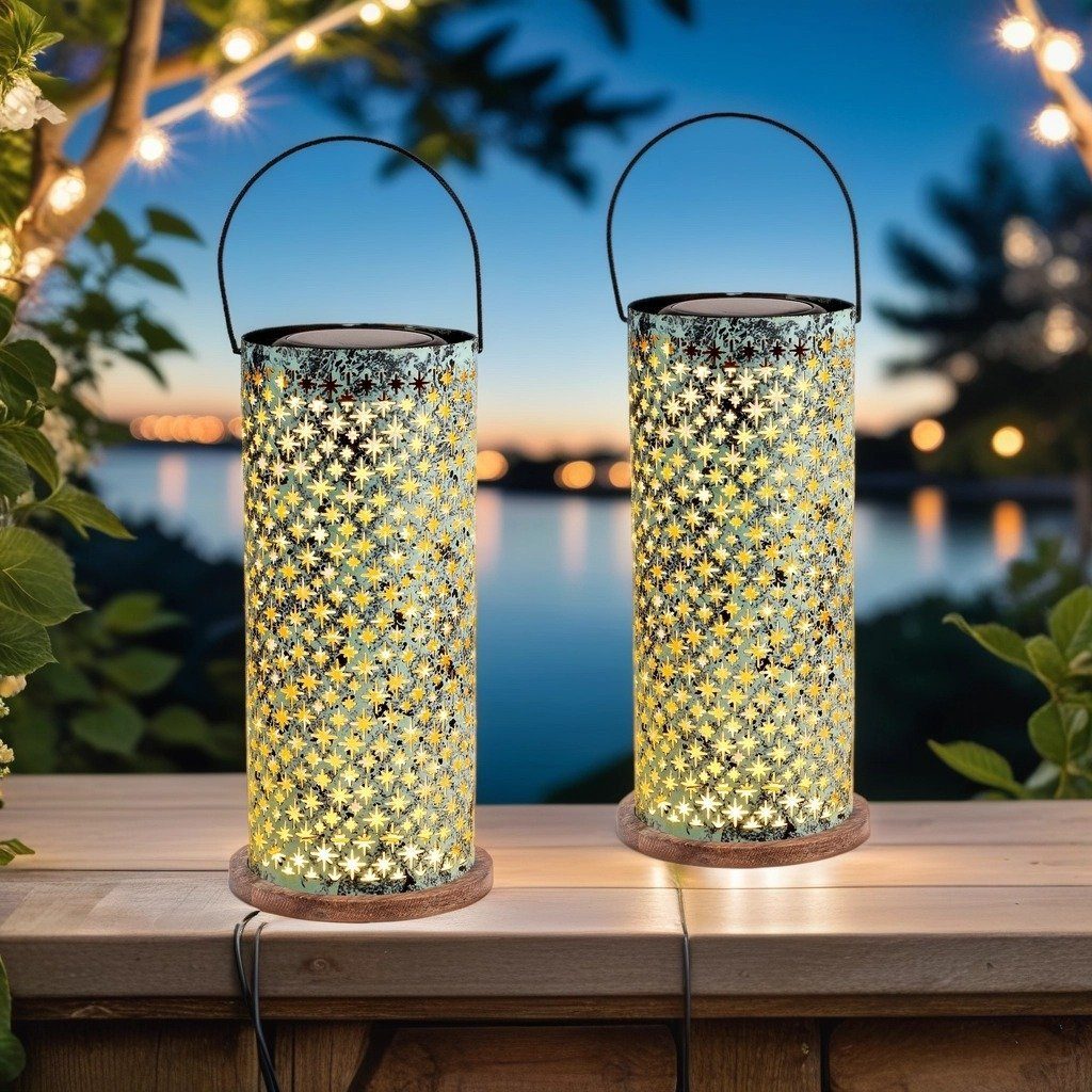 Marrakesch Orient & Mediterran Interior LED Solarleuchte 2er Set Vintage Solarlaterne Solar Lampe für Draussen Modern Grün, LED fest integriert