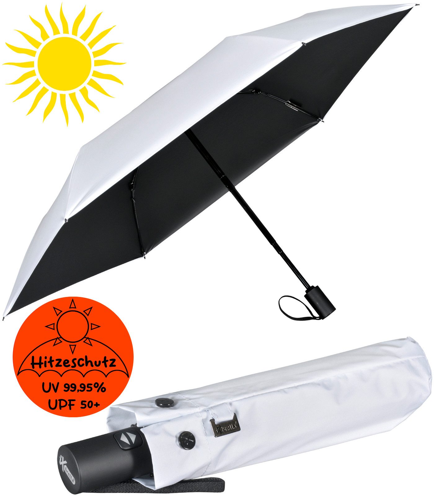 iX-brella Taschenregenschirm Sonnen-Regenschirm mit UPF 50+, UV-Hitze-Schutz, für Damen, mit Auf-Zu-Automatik, innen schwarz