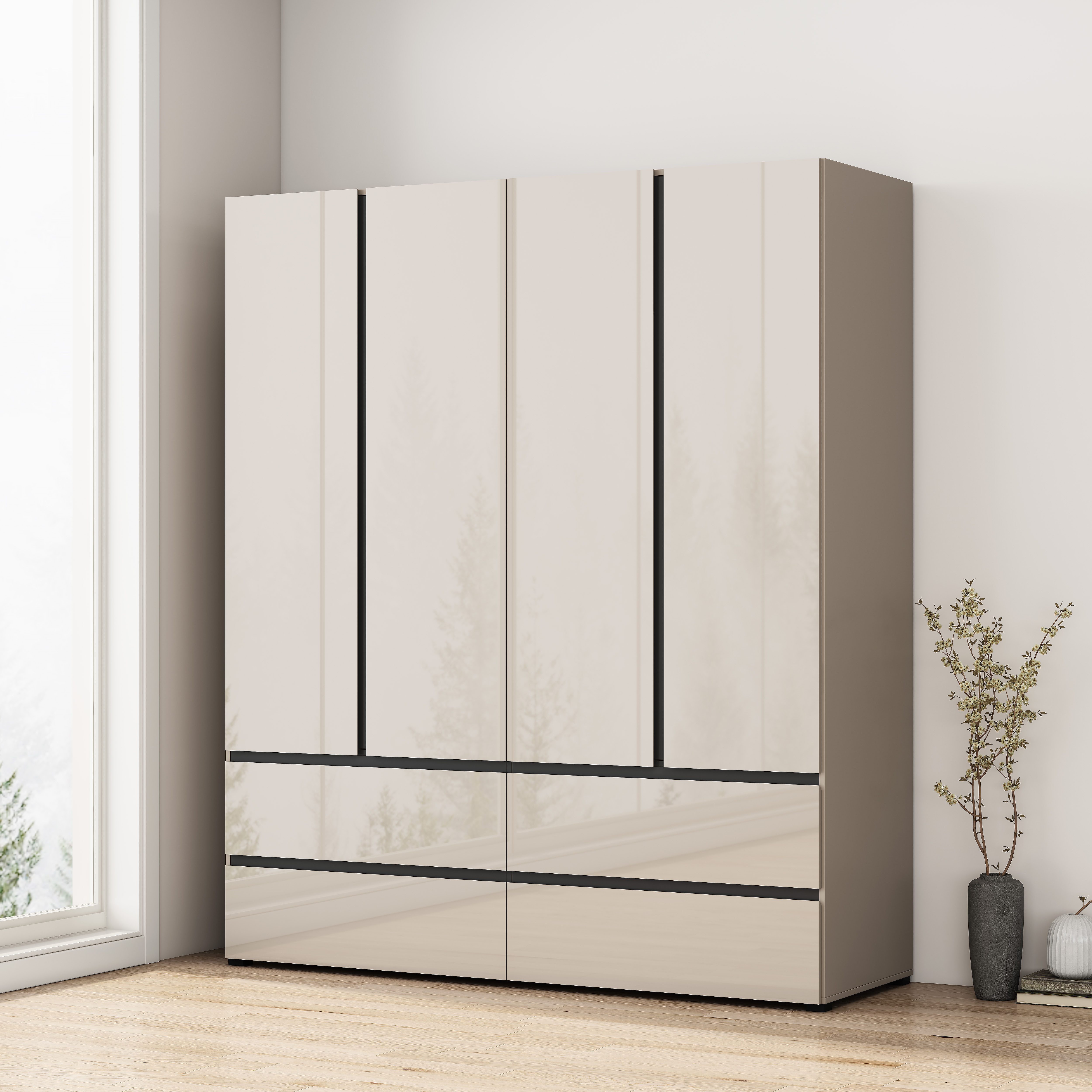 OTTO home Kleiderschrank Kollin Schlafzimmerschrank mit 4 Türen und 4 Schubladen Garderobe (Extra Schrankhöhe von 2,10m für mehr Ordnung und Übersicht) Drehtürenschrank mit perfekter Innenausstattung, hochglanz Fronten