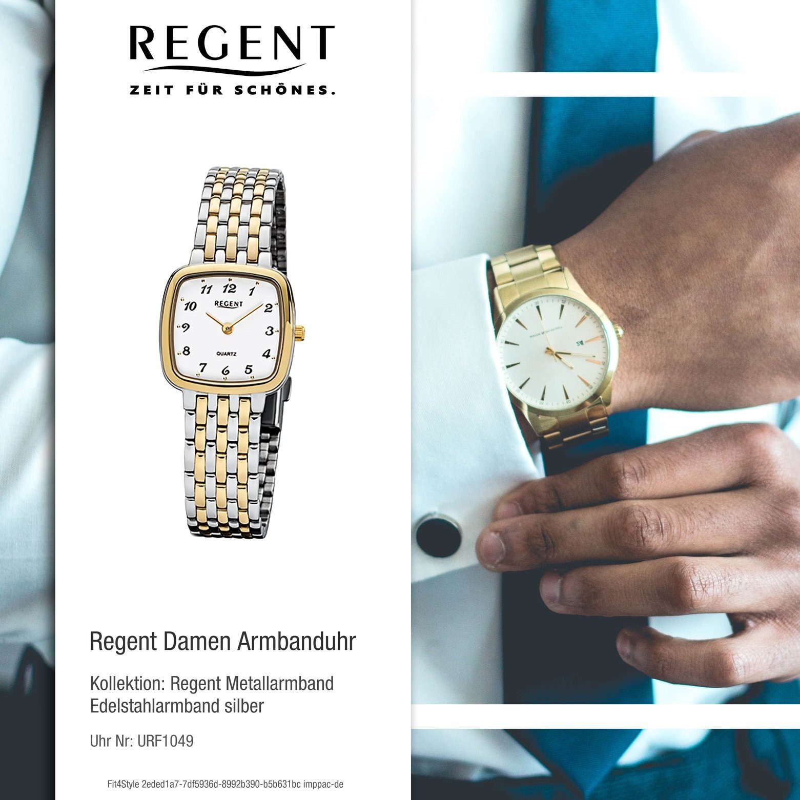 Analog, Regent ionenplattiert 25x25mm), (ca. Edelstahl, Armbanduhr Damen gold silber Damen-Armbanduhr klein eckig, Quarzuhr Regent