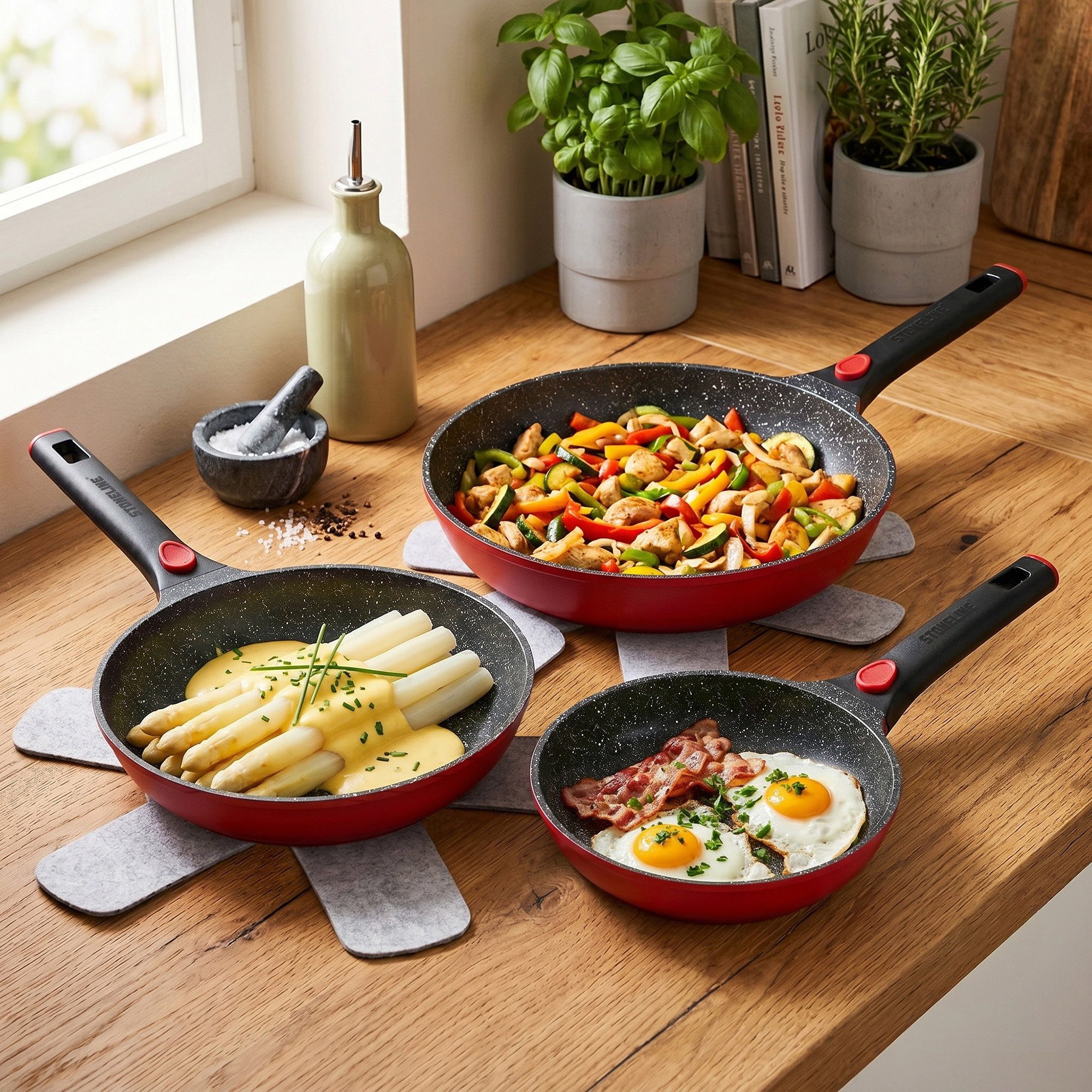 STONELINE Pfannen-Set SMART, 6-teilig, 20/24/28 cm, Pfannenwender, Aluminiumguss