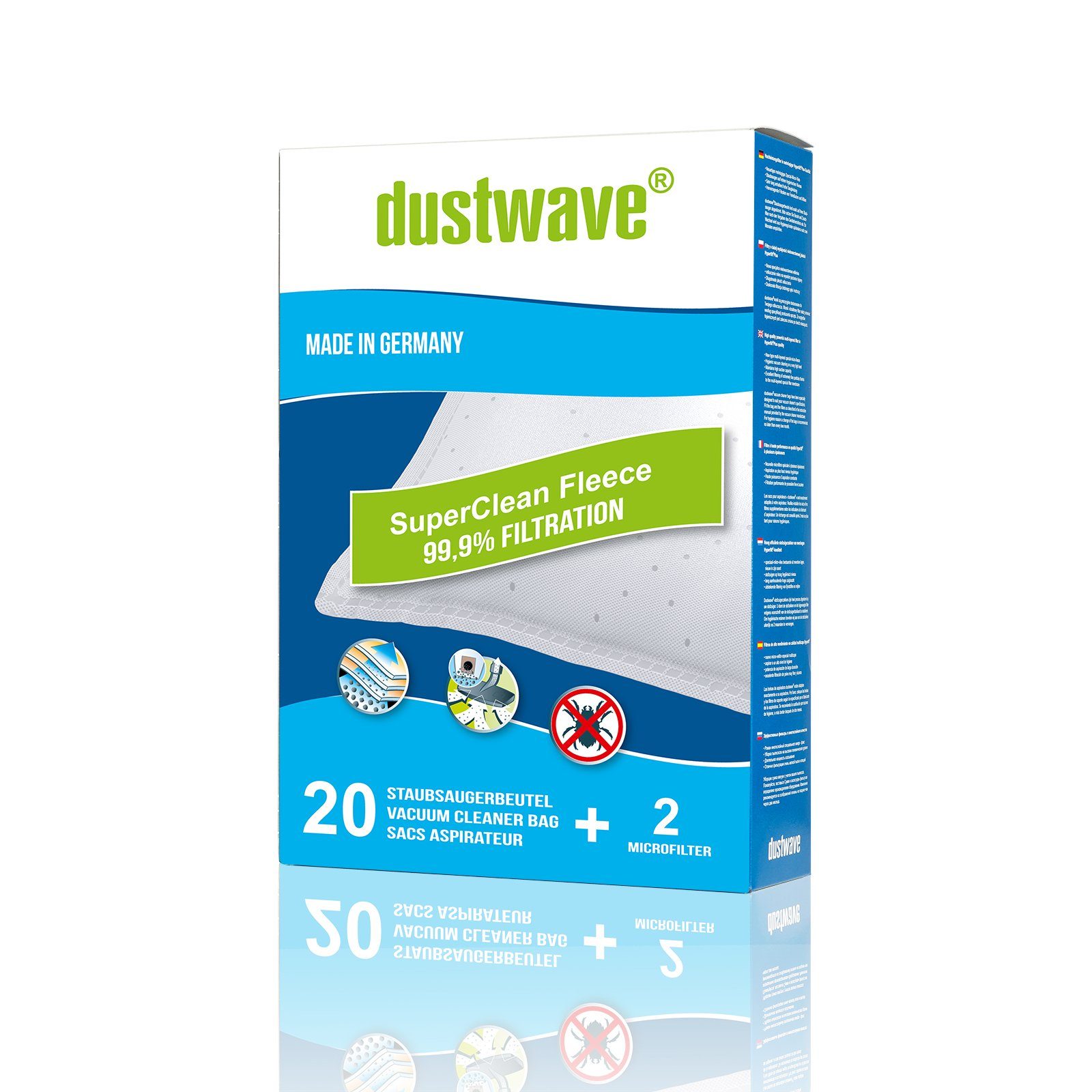 Dustwave Staubsaugerbeutel Megapack, passend für Base BA 7002, 20 St., Megapack, 20 Staubsaugerbeutel + 2 Hepa-Filter (ca. 15x15cm - zuschneidbar)