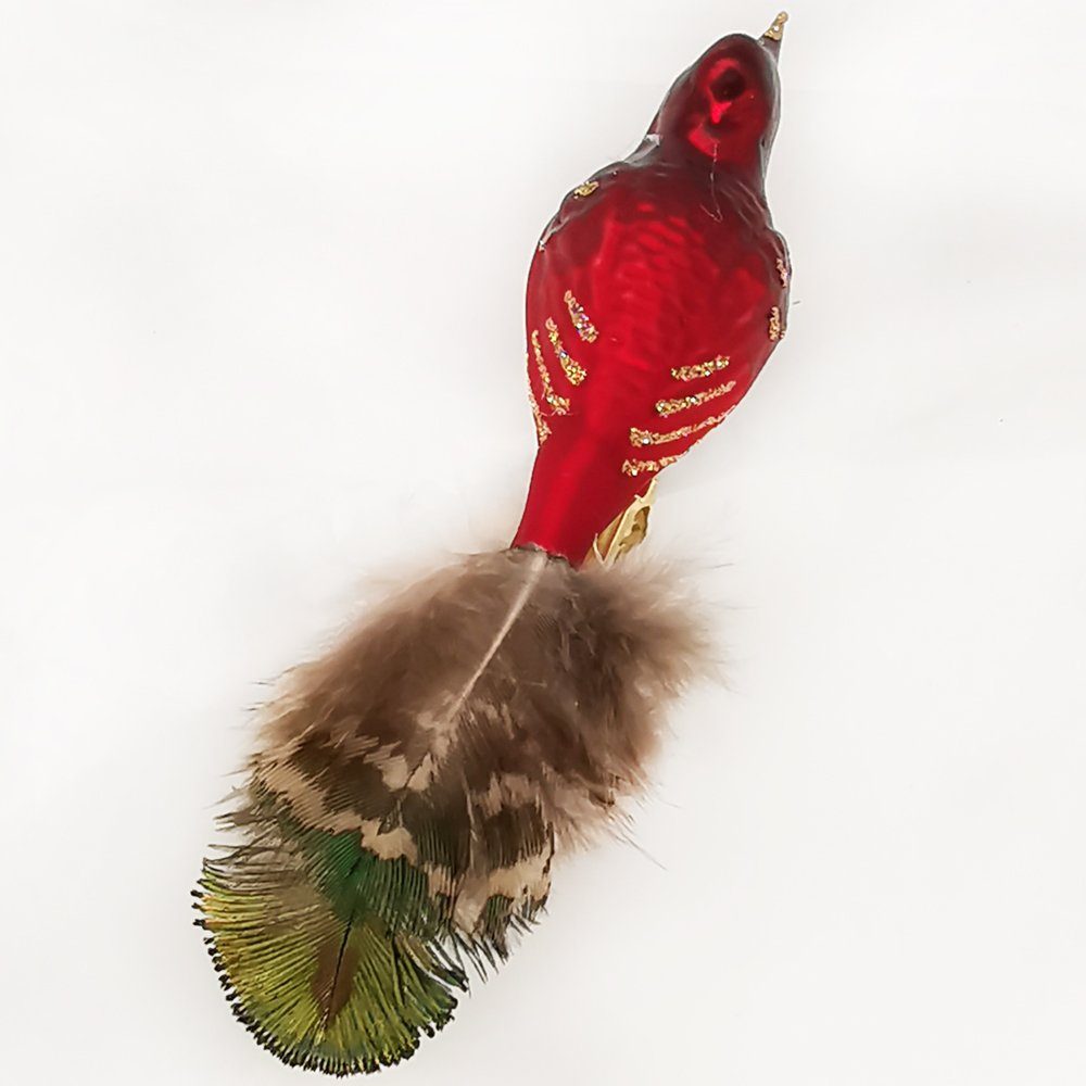 Schatzhauser Christbaumschmuck Vogel mit mundgeblasen, 7cm (1-tlg), Naturfedern, handbemalt Rotschnabel
