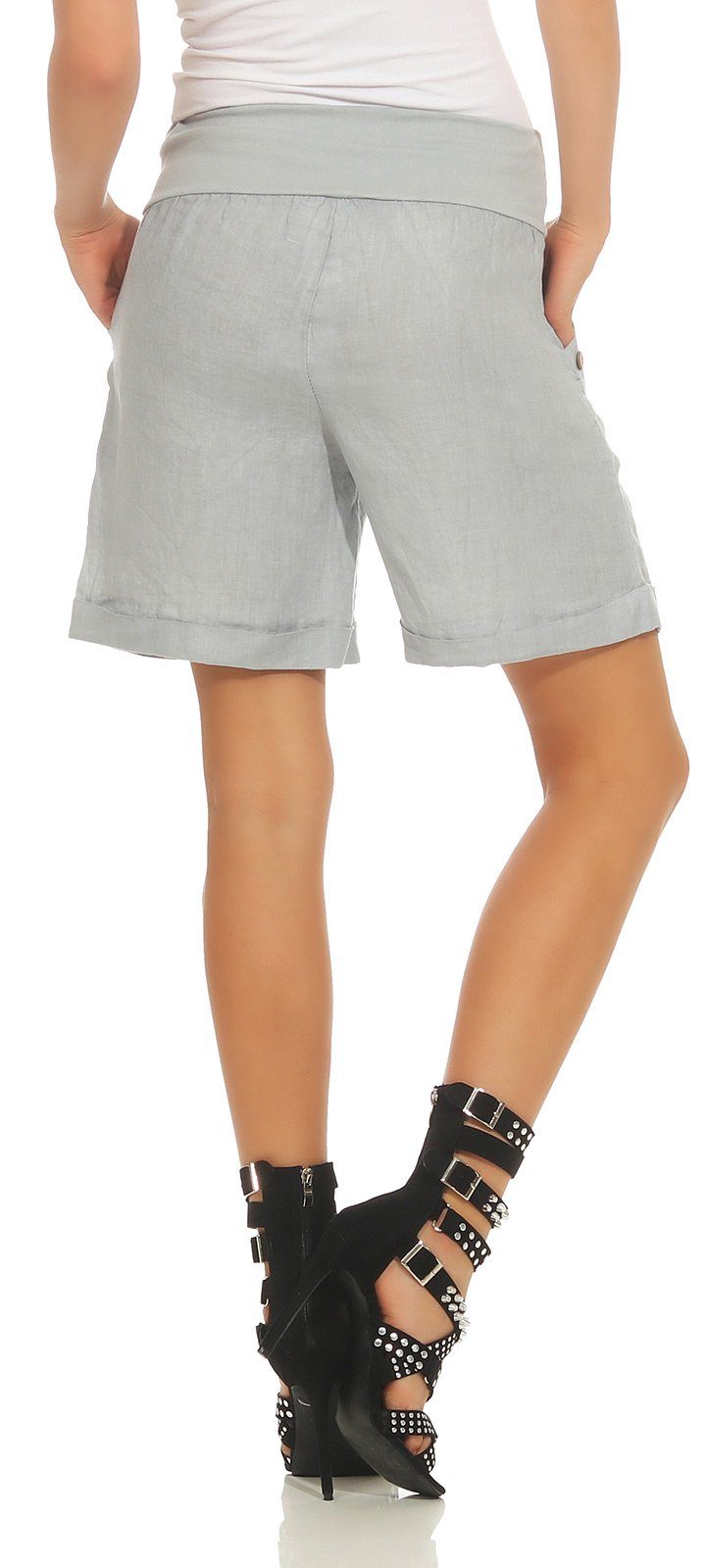 Leinen Shorts Bermuda Bund, Hose Mississhop in 100 elastischem mit Damen 280 Leinenshorts Grau kurze % Leinenhose Unifarbe