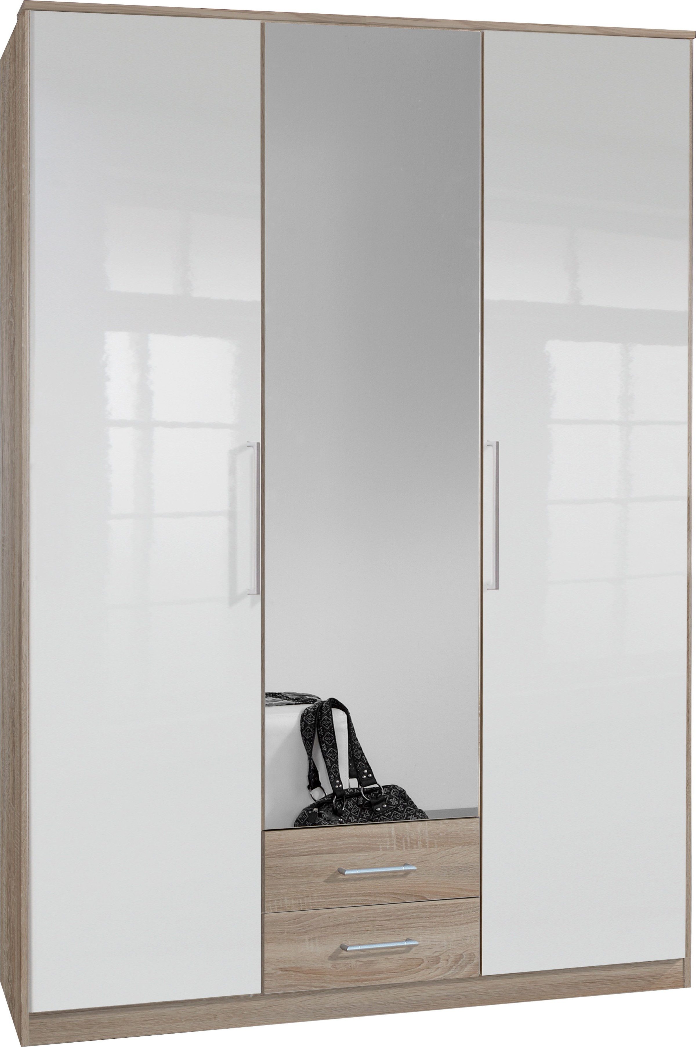 möbel-direkt.de Kleiderschrank Greven in Weiß Hochglanz Lack mit Eiche Sägerau (komplett, 1-St., Kleiderschrank) Made in Germany, Hochglanz-Lack-Front