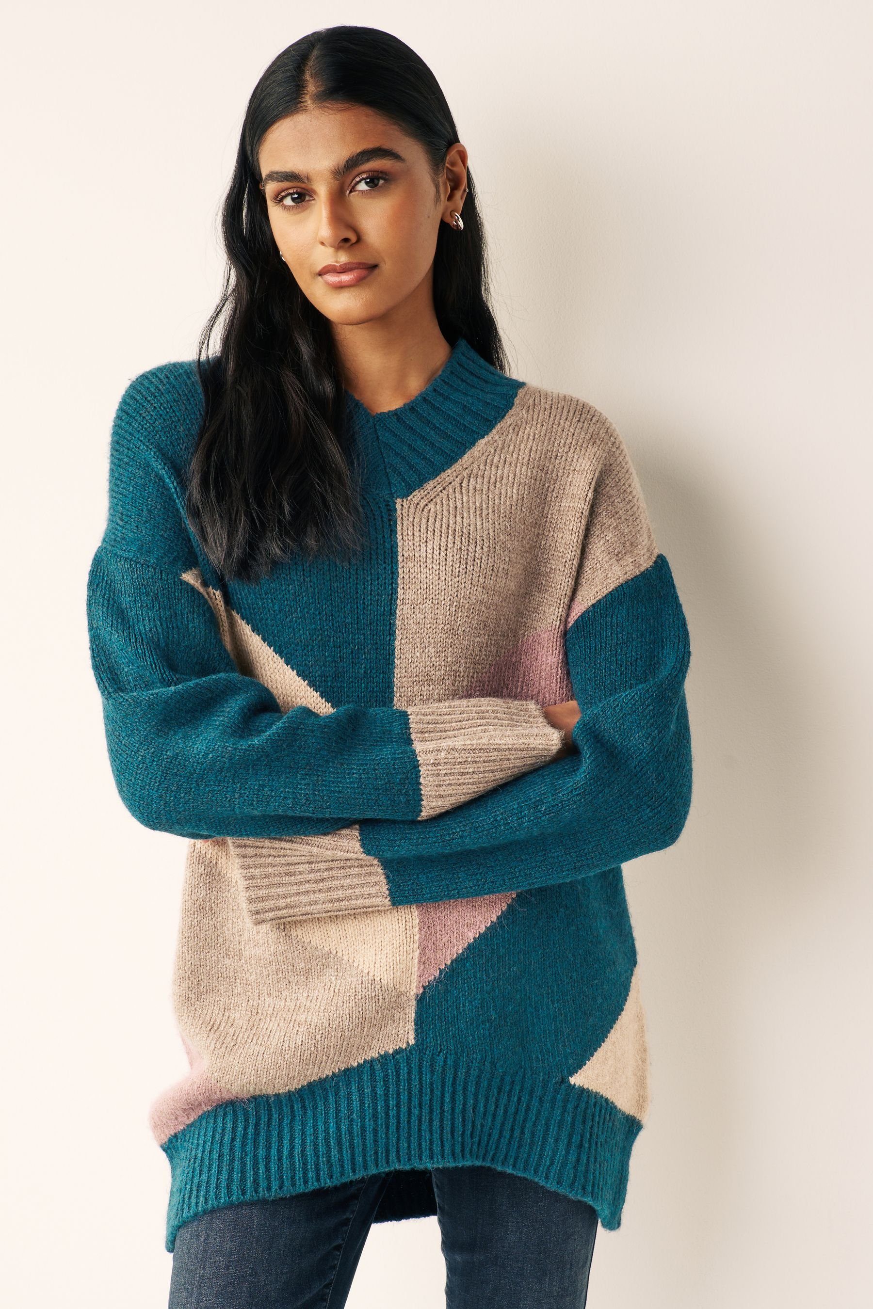 Next V-Ausschnitt-Pullover Pullover mit Blue Teal hohem Pattern (1-tlg) V-Ausschnitt