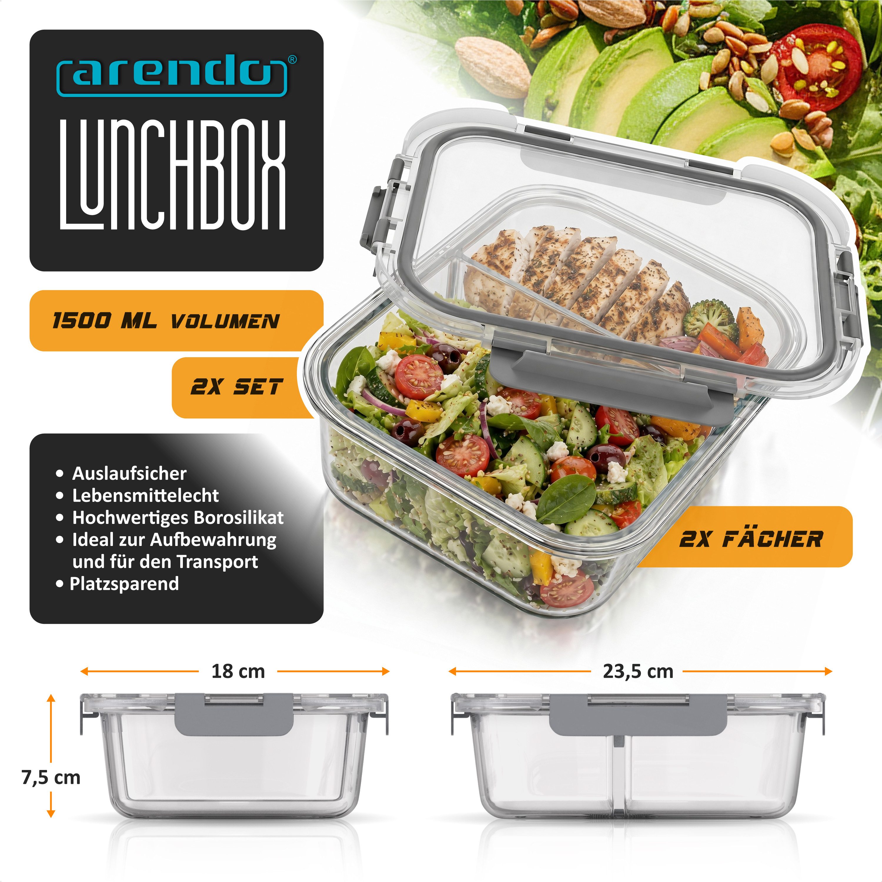 Arendo Frischhaltedose 2er Set Glas Vorratsdosen, 2 Fächer, Lunchboxen, auslaufsicher, Deckel, Borosilikatglas, (Set, 2-tlg., mit 2 Fächern), Mikrowellen, Ofen, Gefrier & spülmaschinengeeignet, Bento, Meal Prep