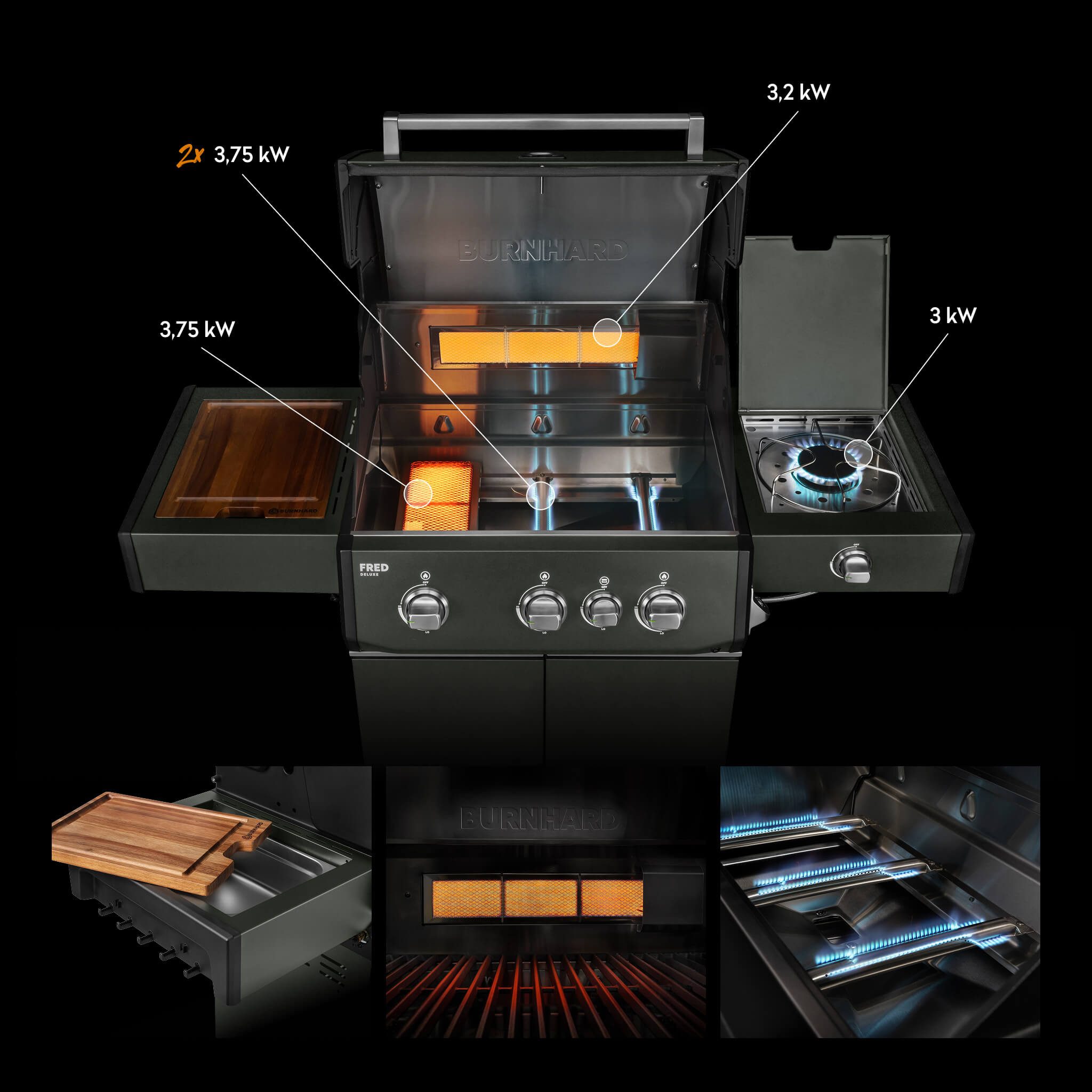 BURNHARD® Gasgrill 3-Brenner, 2x Edelstahlstabbrenner 3,75 kW, Infrarot-Keramikbrenner 3,75 kW, Heckbrenner, Seitenkochfeld, Gussrost, Piezo-Zündung – FRED Deluxe