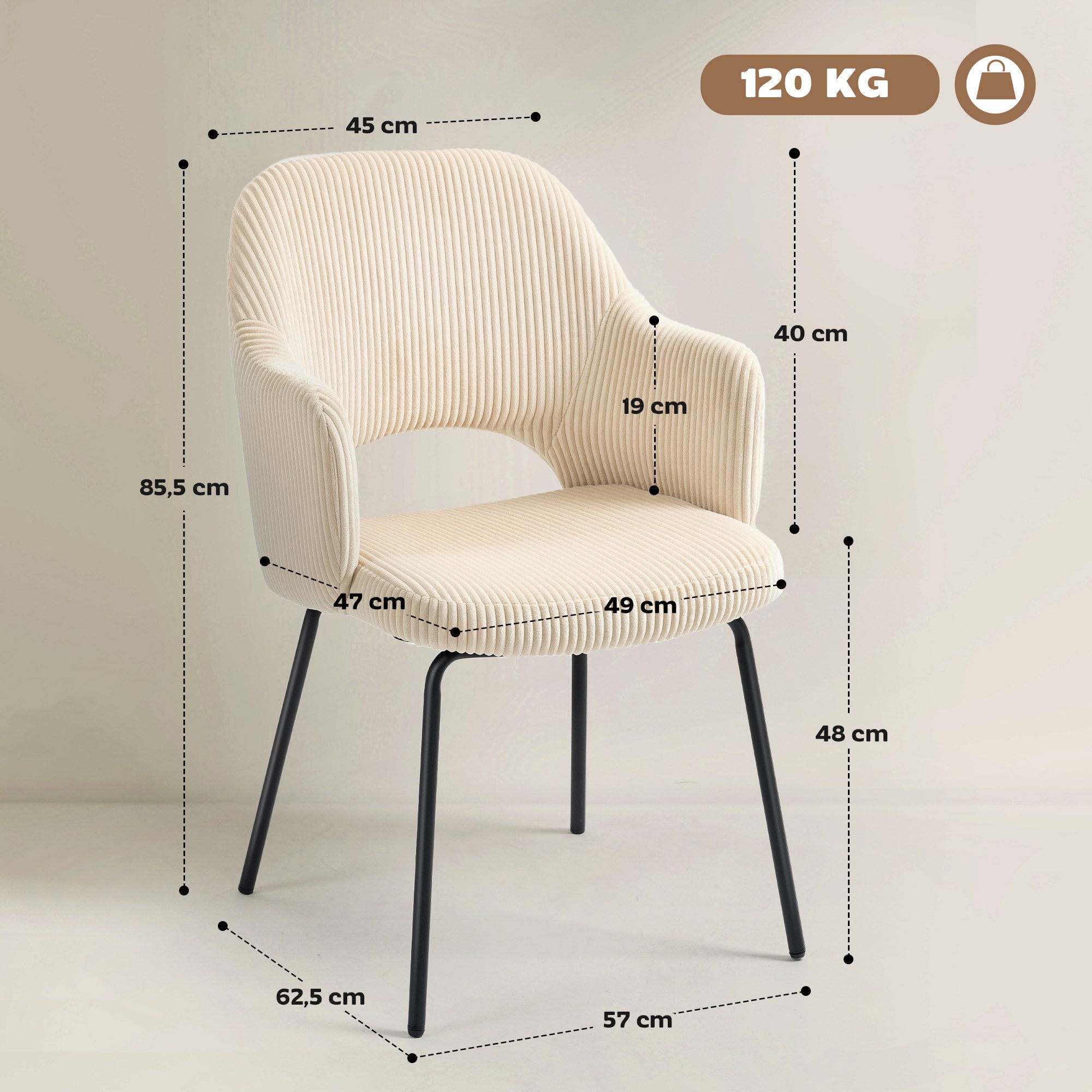 HOMCOM Esszimmerstuhl Essstuhl, Polsterstuhl mit Armlehne, Rückenlehne (Küchenstuhl, 1 St), bis 120 kg belastbar, für Küche, Esszimmer, Wohnzimmer, Beige