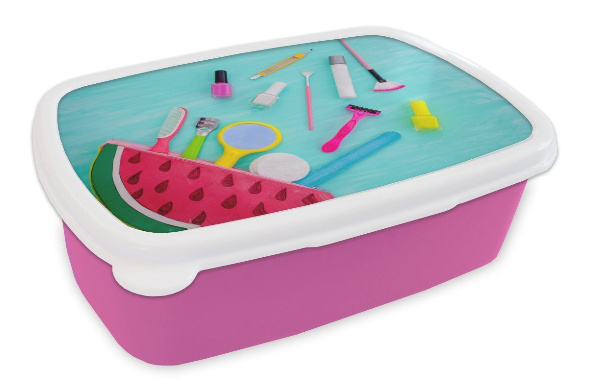 MuchoWow Lunchbox Melone mit Make-up, Kunststoff, (2-tlg), Brotbox für Erwachsene, Brotdose Kinder, Snackbox, Mädchen, Kunststoff rosa